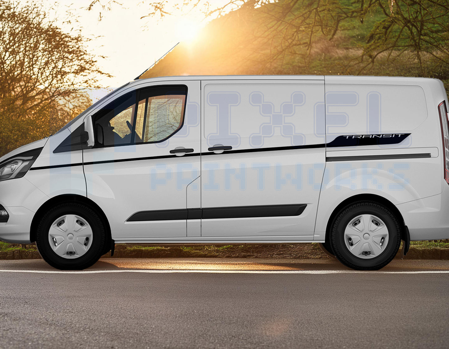 Ford Transit Custom MK8 Side Stripe Decal – “TRANSIT” Text Vinyl Graphic Kit (2014–2023) | Pixel Printworks