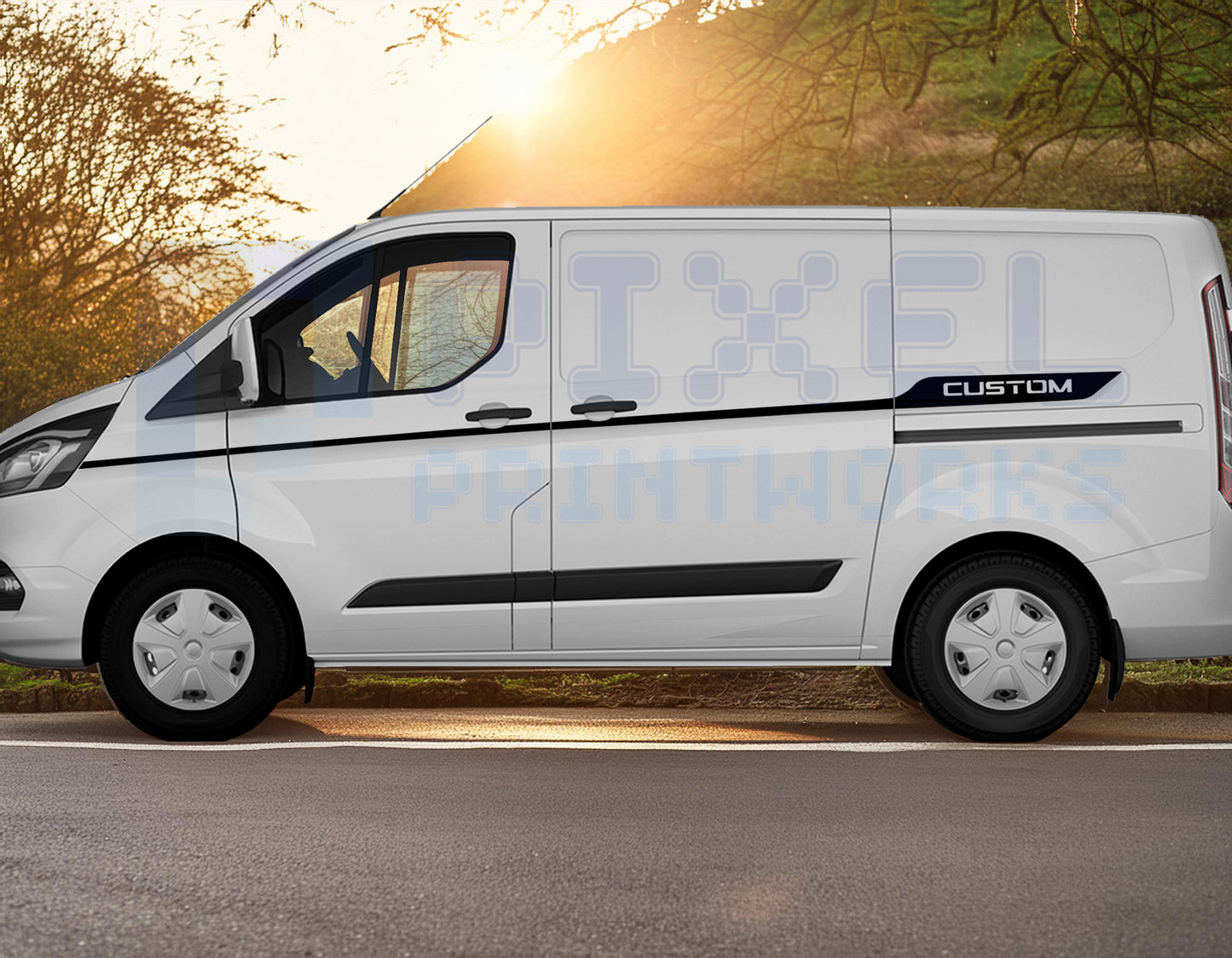 Ford Transit Custom MK8 Top Door Stripe Decal – “Custom” Vinyl Graphics Kit (2014–2023) | Pixel Printworks