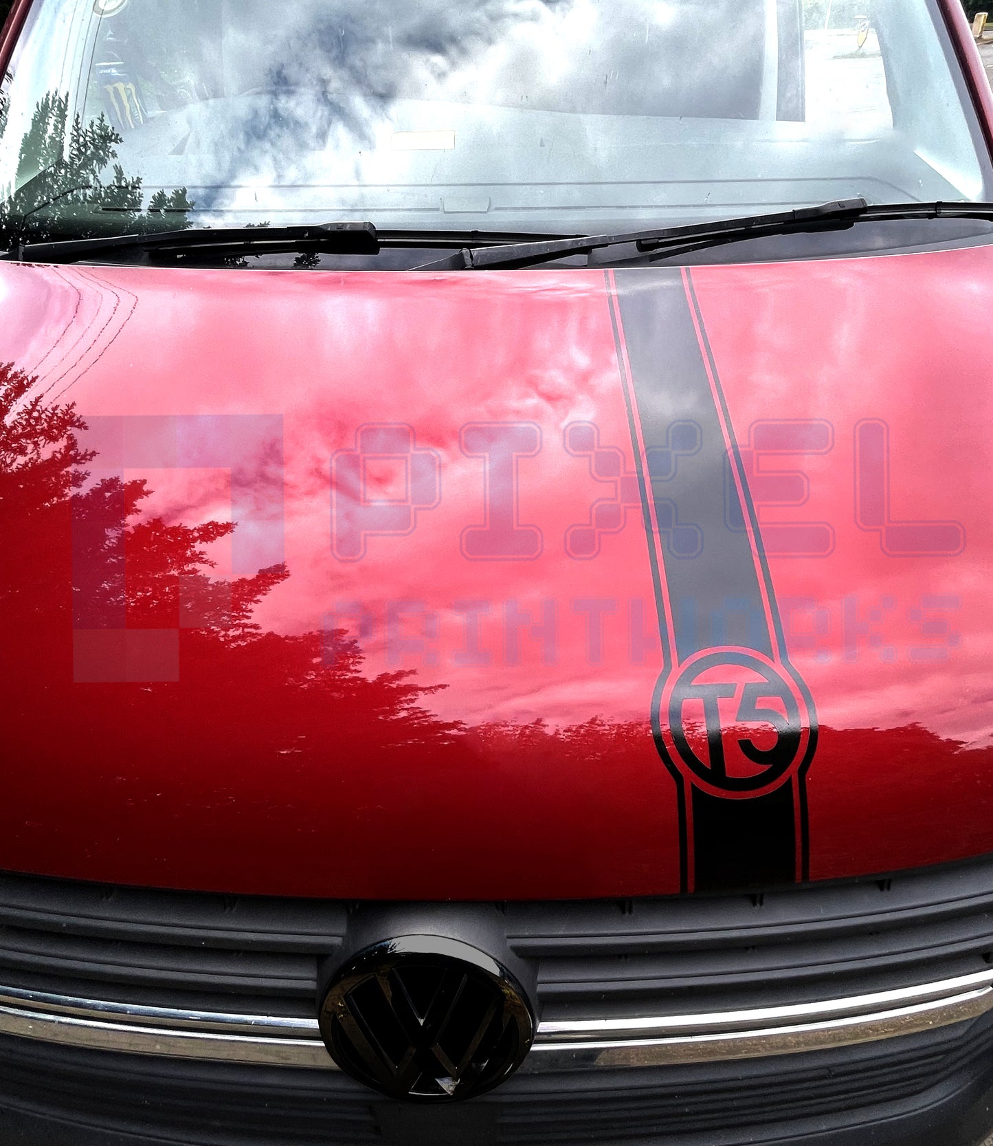 VW Transporter T5 bonnet stripe decal with T5 circle emblem fitted to bonnet showing custom sporty front styling