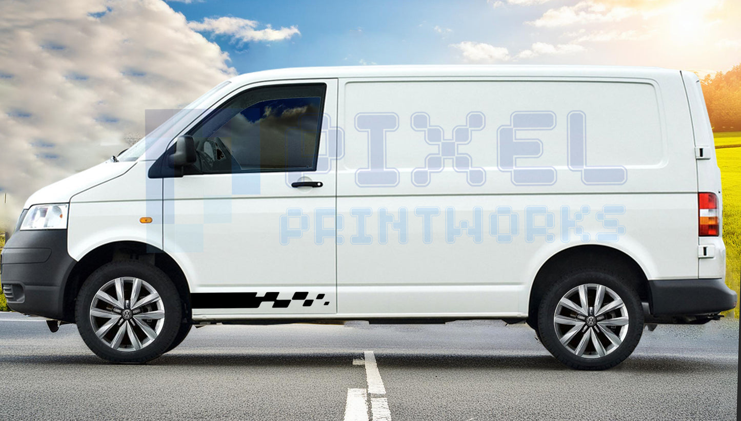 Half Side Stripe Vinyl Decals with Checkered Finish for VW Transporter T4, T5 & T6 (1990–2023) – Pair by Pixel Printworks