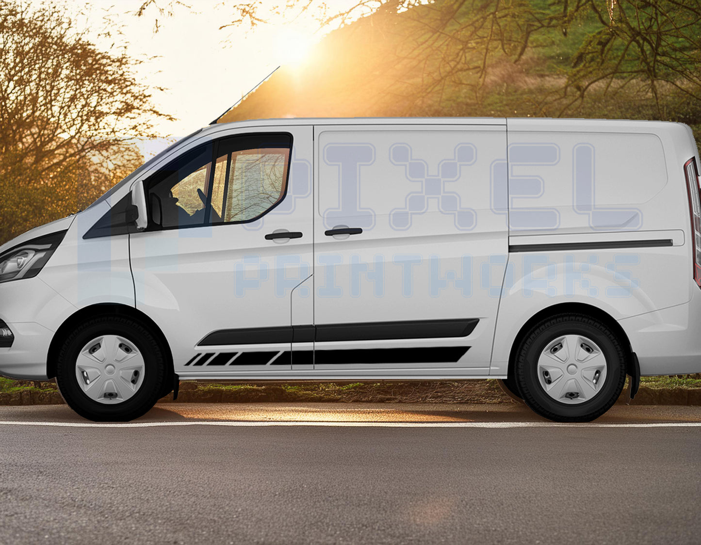 Ford Transit Custom MK8 Stuttered Side Stripe Decals – Sport Vinyl Van Graphics 2014–23 | Pixel Printworks
