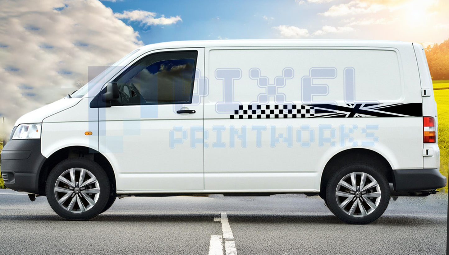 Union Jack Checkered Side Stripe Vinyl Decals for VW Transporter T4, T5 & T6 (1990–2023) – Mid-Door Design by Pixel Printworks