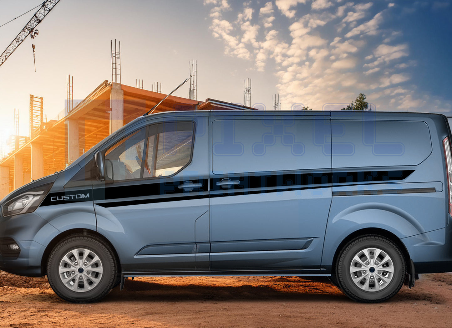 Ford Transit Custom MK8 XL Side Stripe with “CUSTOM” Text – Vinyl Decal Kit (2014–2023) | Pixel Printworks