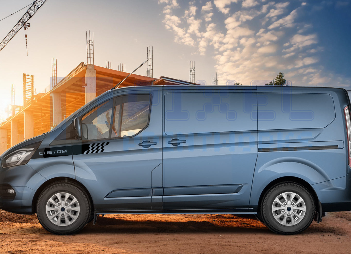 Ford Transit Custom Bonnet & Front Quarter Stripe Bundle with Checkers – Vinyl Decal Kit | Pixel Printworks