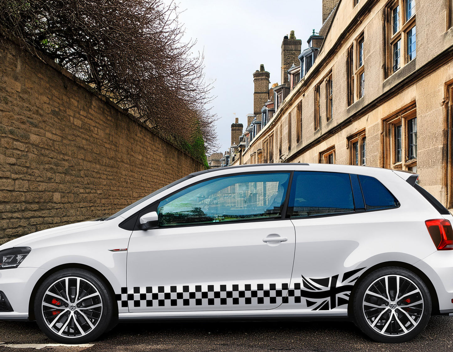 Universal Union Jack & Checkered Side Stripe – Vinyl Car Decal Kit | Pixel Printworks