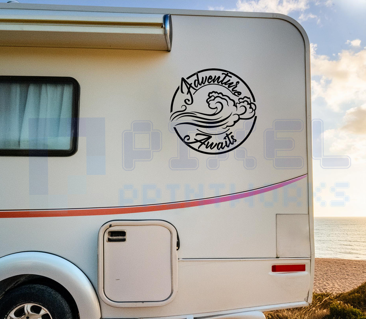 Adventure Awaits Ocean Wave Decal Script Font – Vinyl Sticker for Campervans & Motorhomes | Pixel Printworks