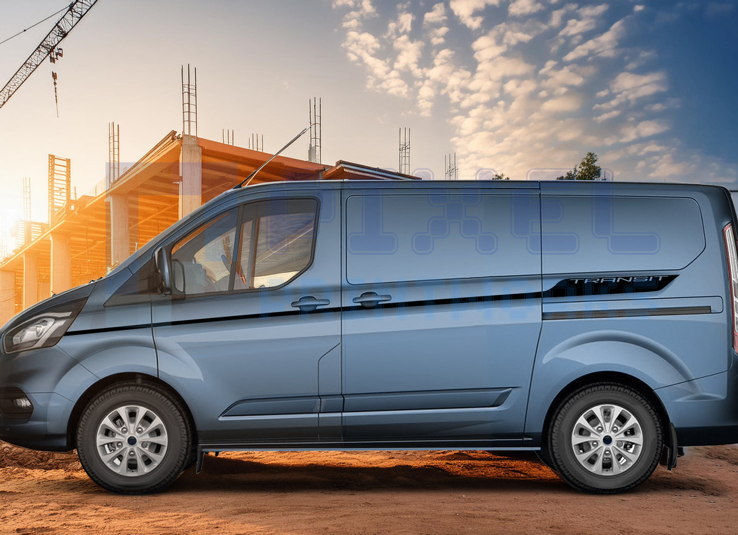Ford Transit Custom MK8 Side Stripe Decal – “TRANSIT” Text Vinyl Graphic Kit (2014–2023) | Pixel Printworks