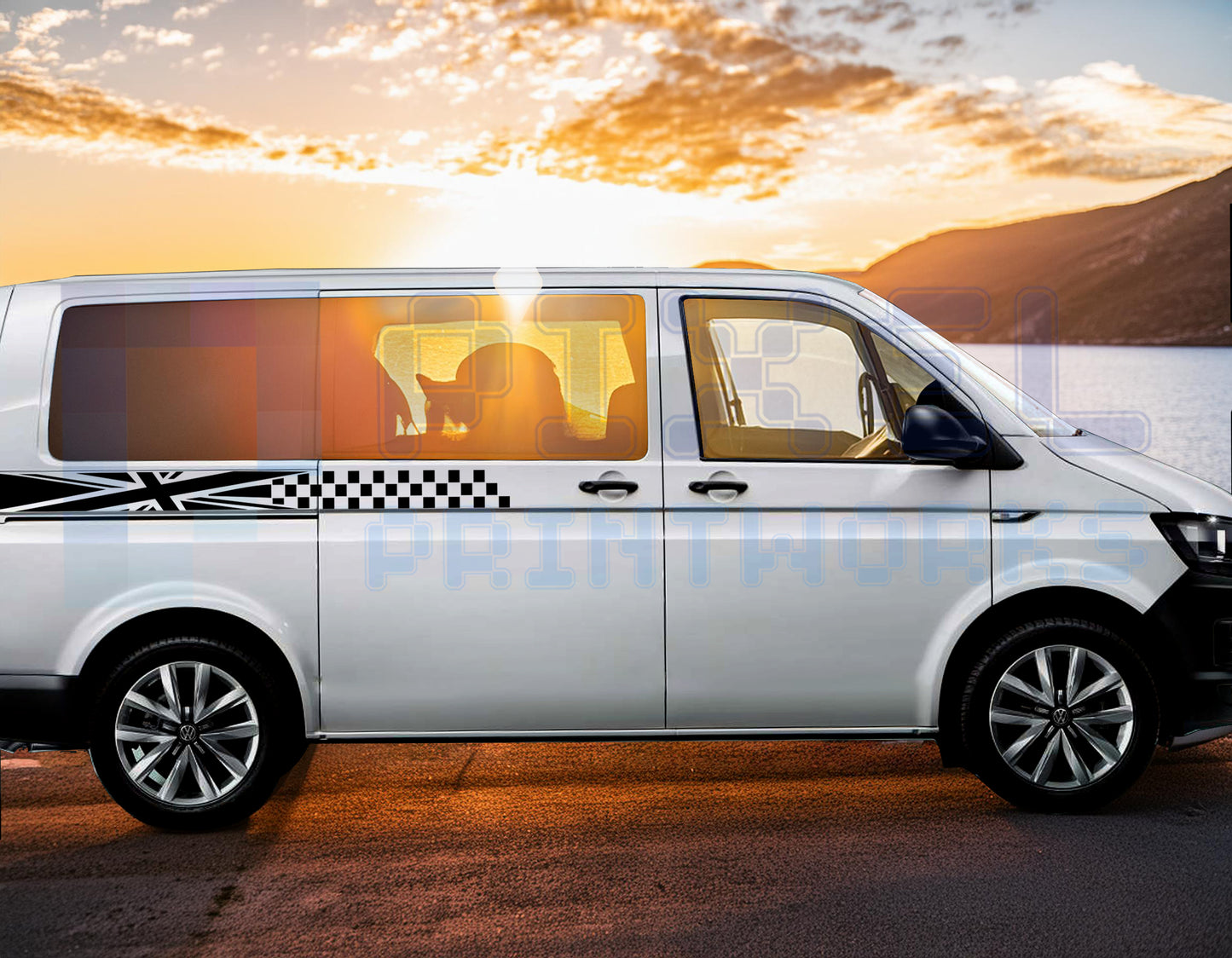Union Jack Checkered Side Stripe Vinyl Decals for VW Transporter T4, T5 & T6 (1990–2023) – Mid-Door Design by Pixel Printworks