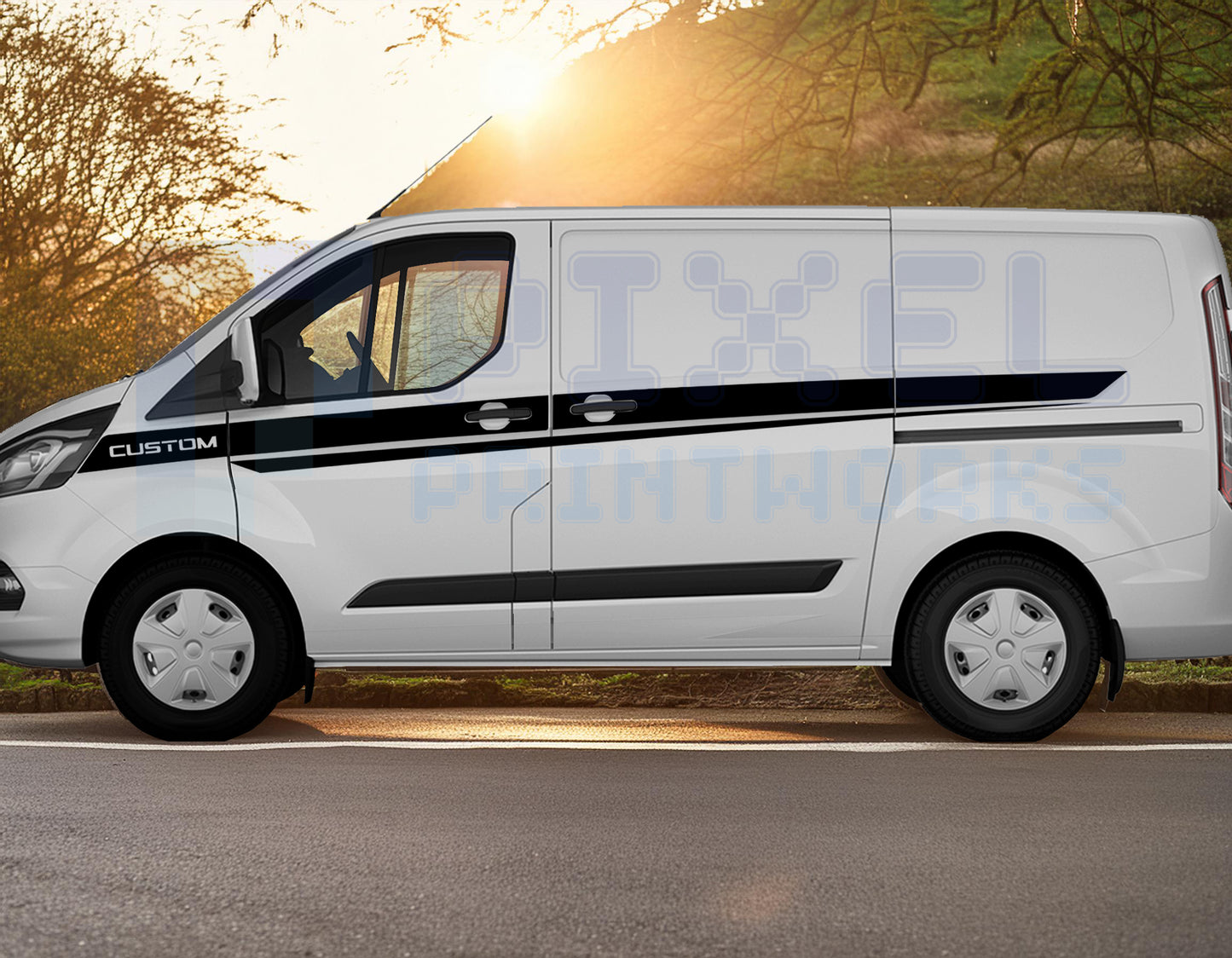 Ford Transit Custom MK8 XL Side Stripe with “CUSTOM” Text – Vinyl Decal Kit (2014–2023) | Pixel Printworks