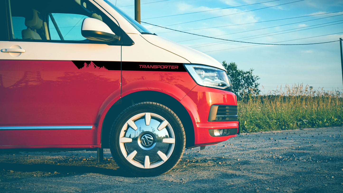 Large Front Wing Stripe Decals With Mountains Design for VW Transporter T5 (Pair)
