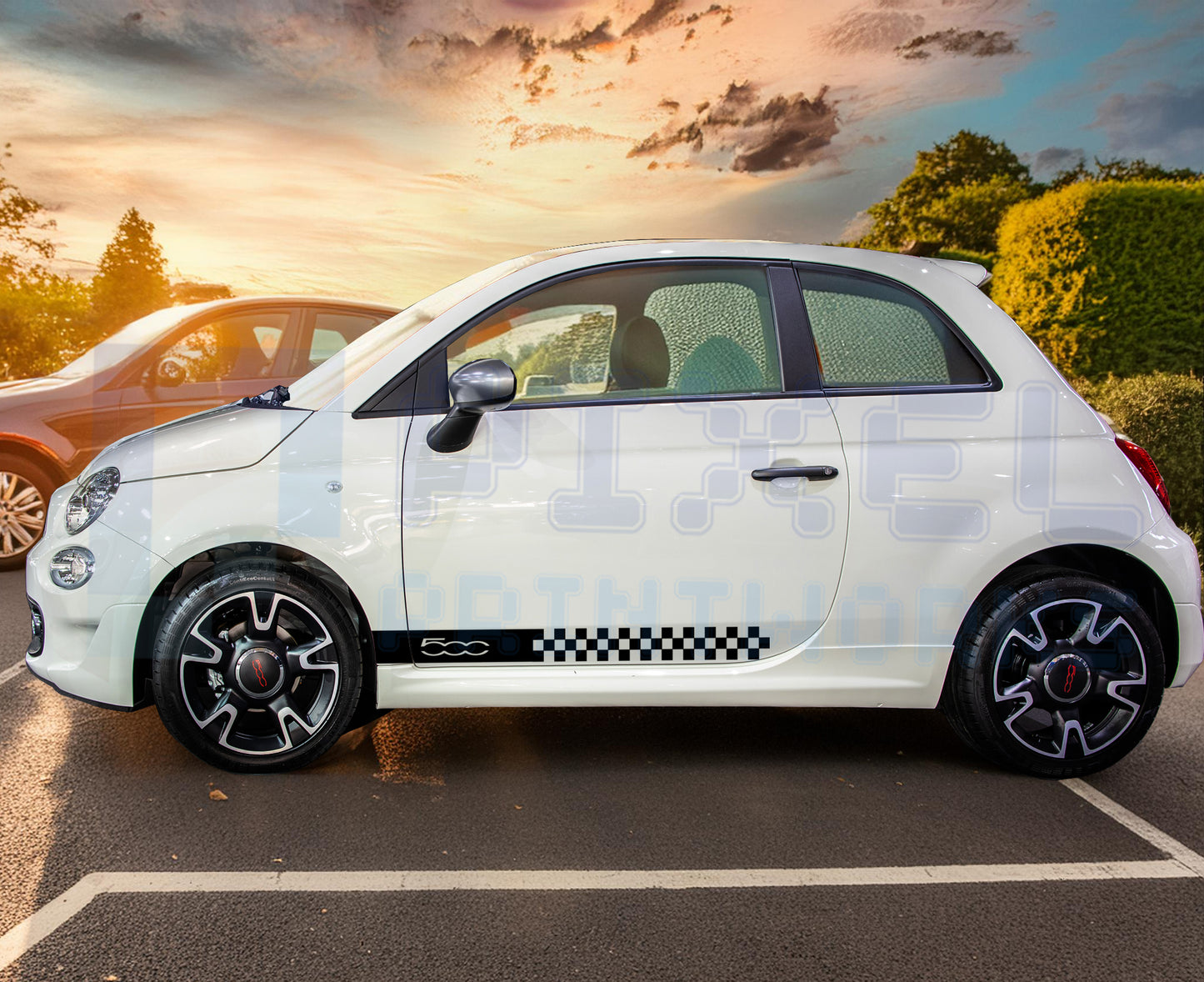 Fiat 500 Checkered Half-Length Side Stripe Decal – Compact Vinyl Graphic Kit | Pixel Printworks