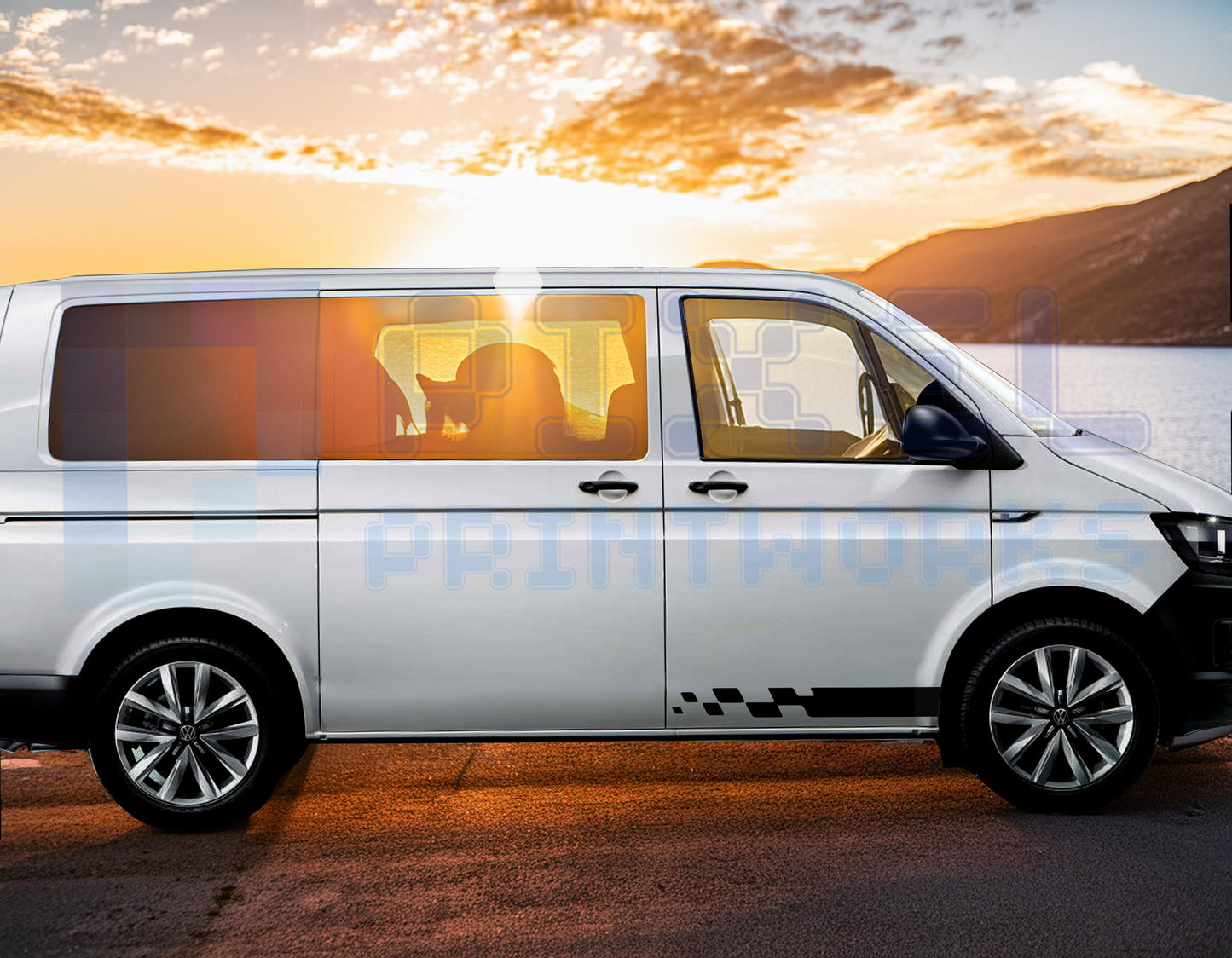 Half Side Stripe Vinyl Decals with Checkered Finish for VW Transporter T4, T5 & T6 (1990–2023) – Pair by Pixel Printworks