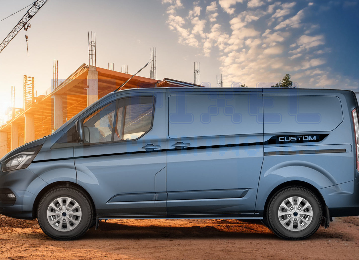 Ford Transit Custom MK8 Top Door Stripe Decal – “Custom” Vinyl Graphics Kit (2014–2023) | Pixel Printworks