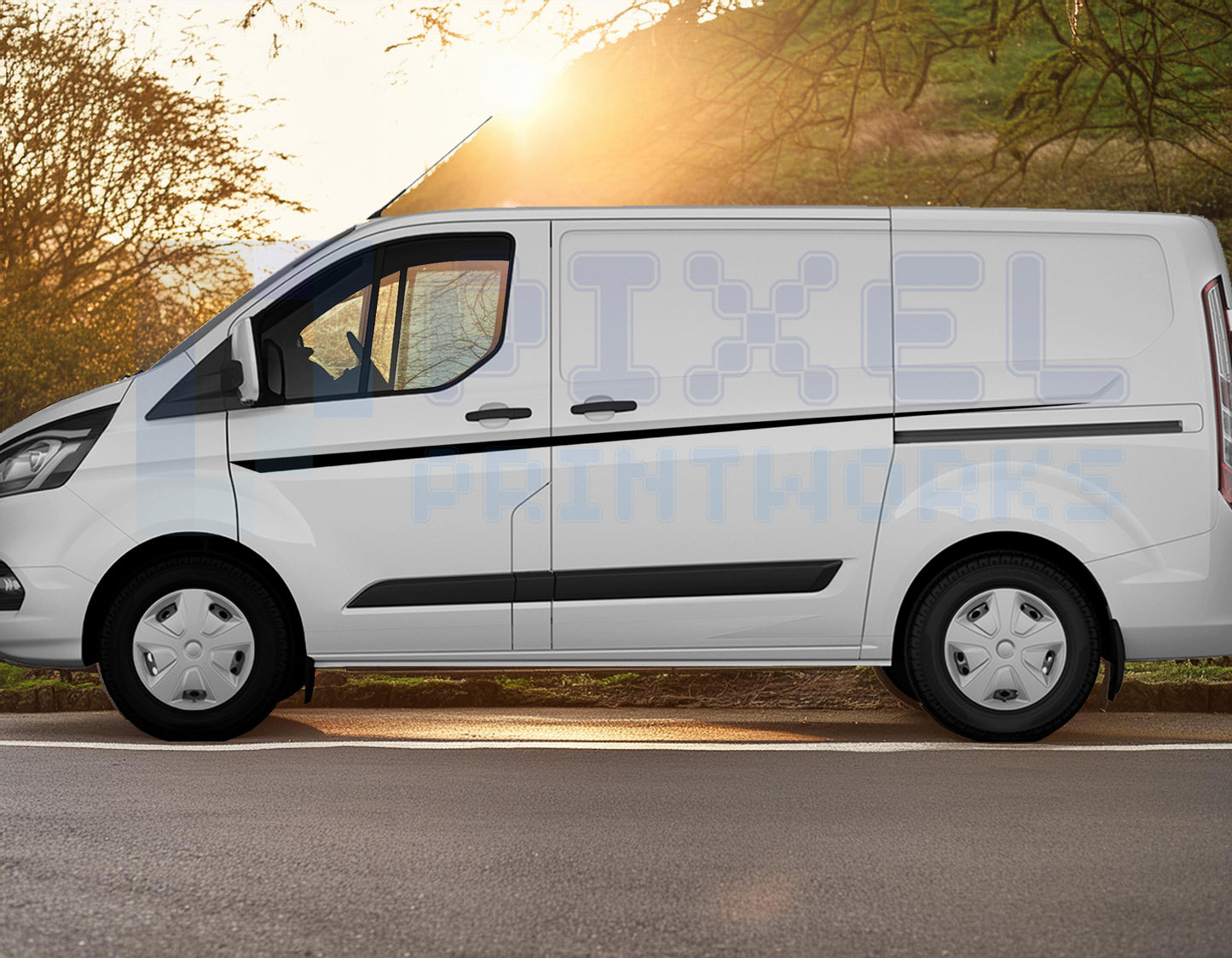 Ford Transit Custom MK8 Thin Side Stripe Decals – Sleek Vinyl Van Graphics (2014–2023)