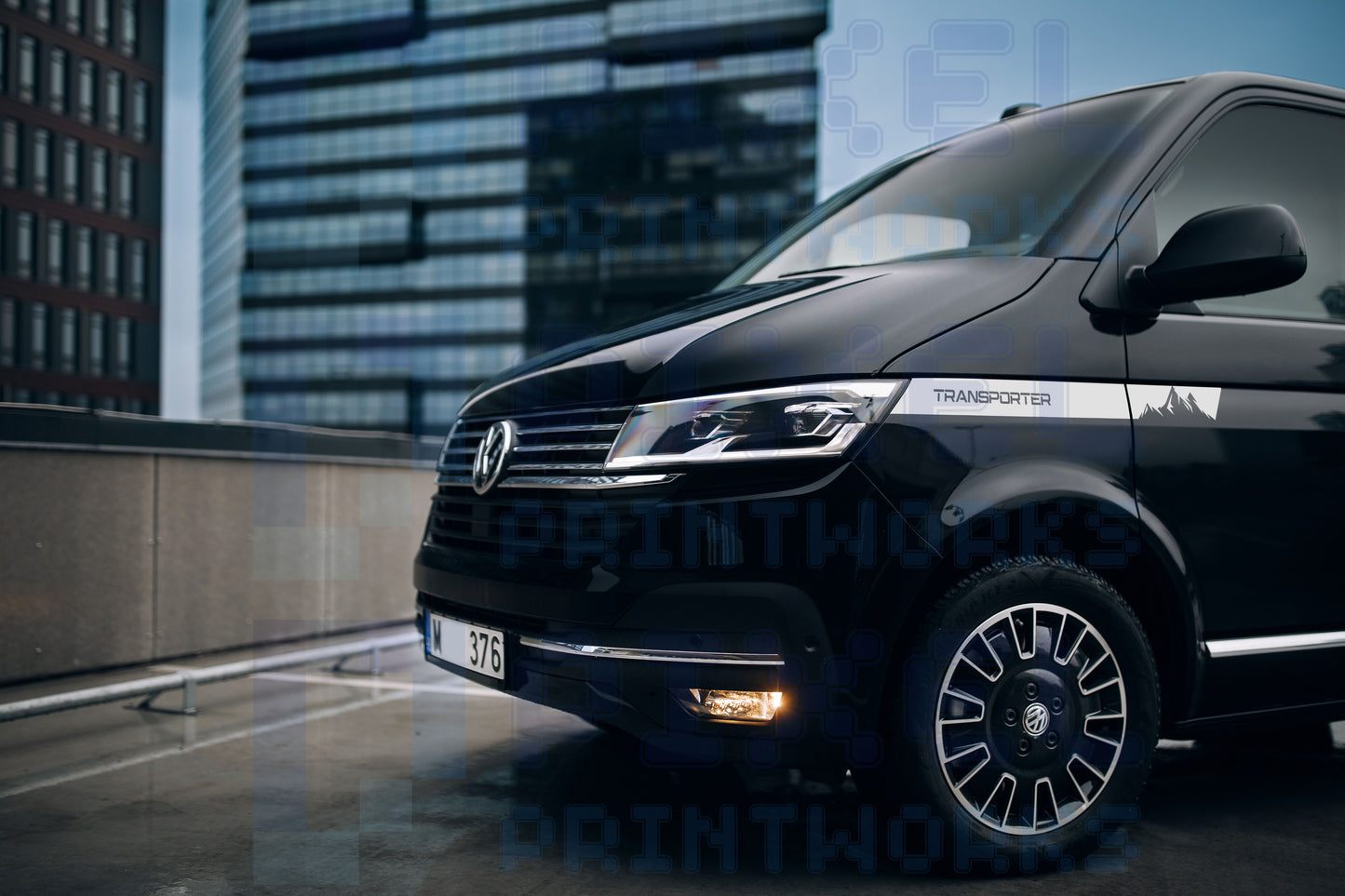 Large Front Wing Stripe Decals With Mountains Design for VW Transporter T5 (Pair)