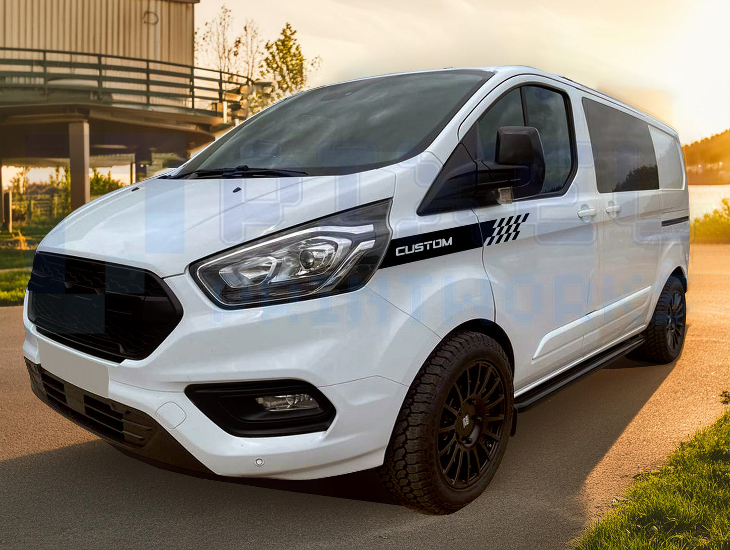 Ford Transit Custom Front Panel Stripe Decal – “Custom” Text with Checker Design (2014–2023) | Pixel Printworks