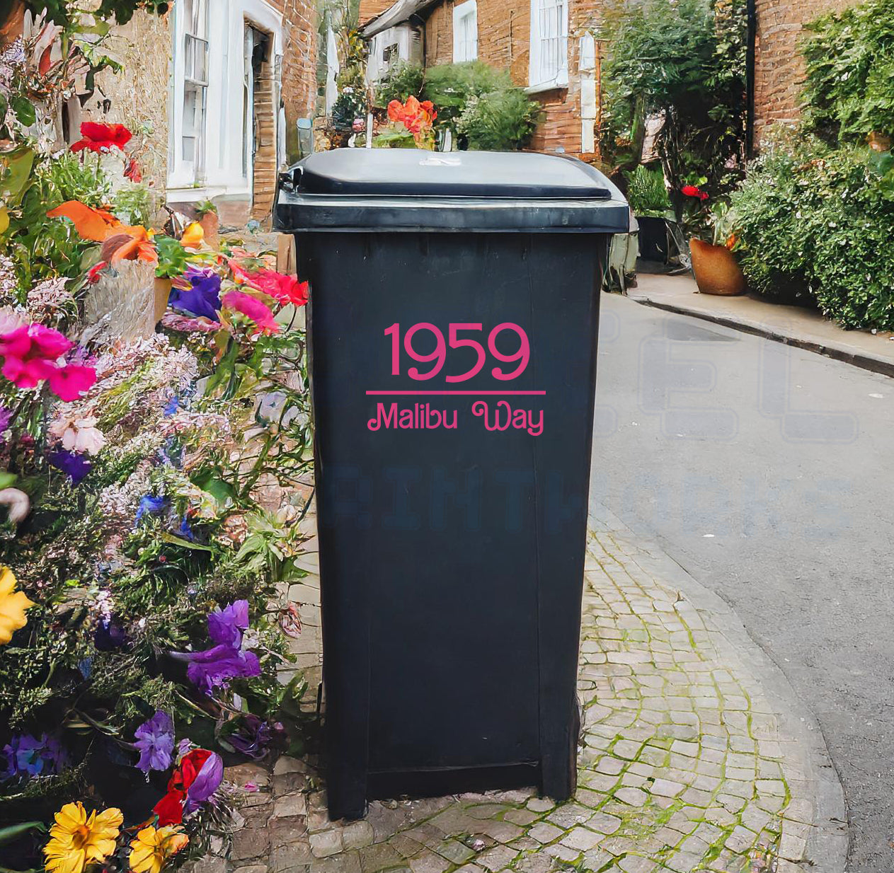 Personalised Wheelie Bin Sticker – Malibu Style Font – Number & Street Name | Vinyl Decal Pack