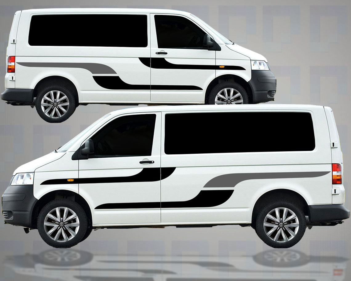 4 piece vinyl graphics kit fitted to SWB and MWB van showing bold modern side panel styling design
