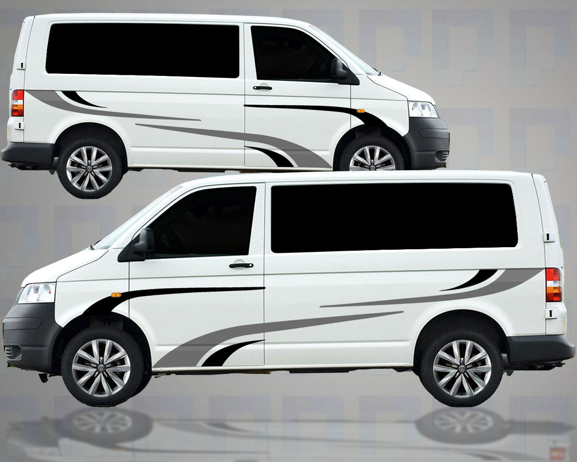 6 piece vinyl graphics kit fitted to SWB and MWB van side panels showing bold modern professional styling design