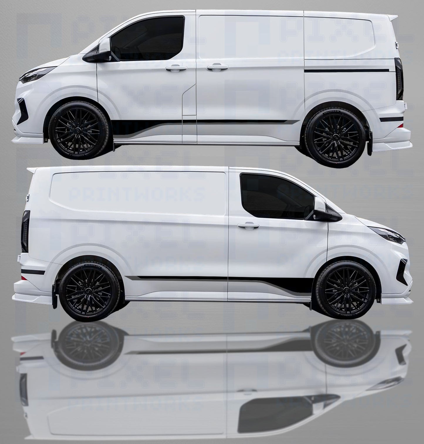 Ford Transit Custom 2023–2025 Lower Side Stripe Decal Kit – LWB & SWB Vinyl Van Graphics | Pixel Printworks