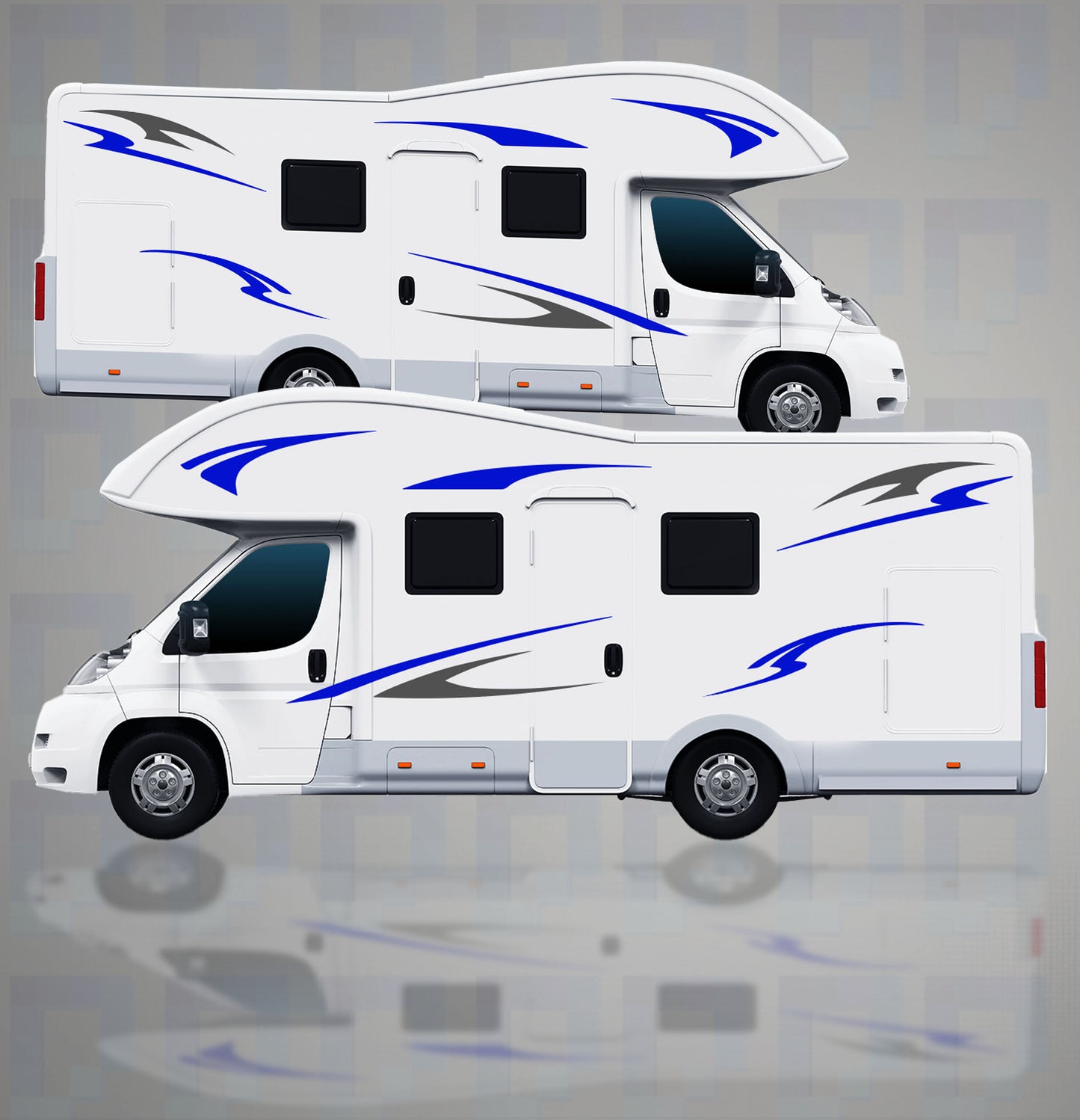 Motorhome with full 12-piece vinyl graphics kit on both sides