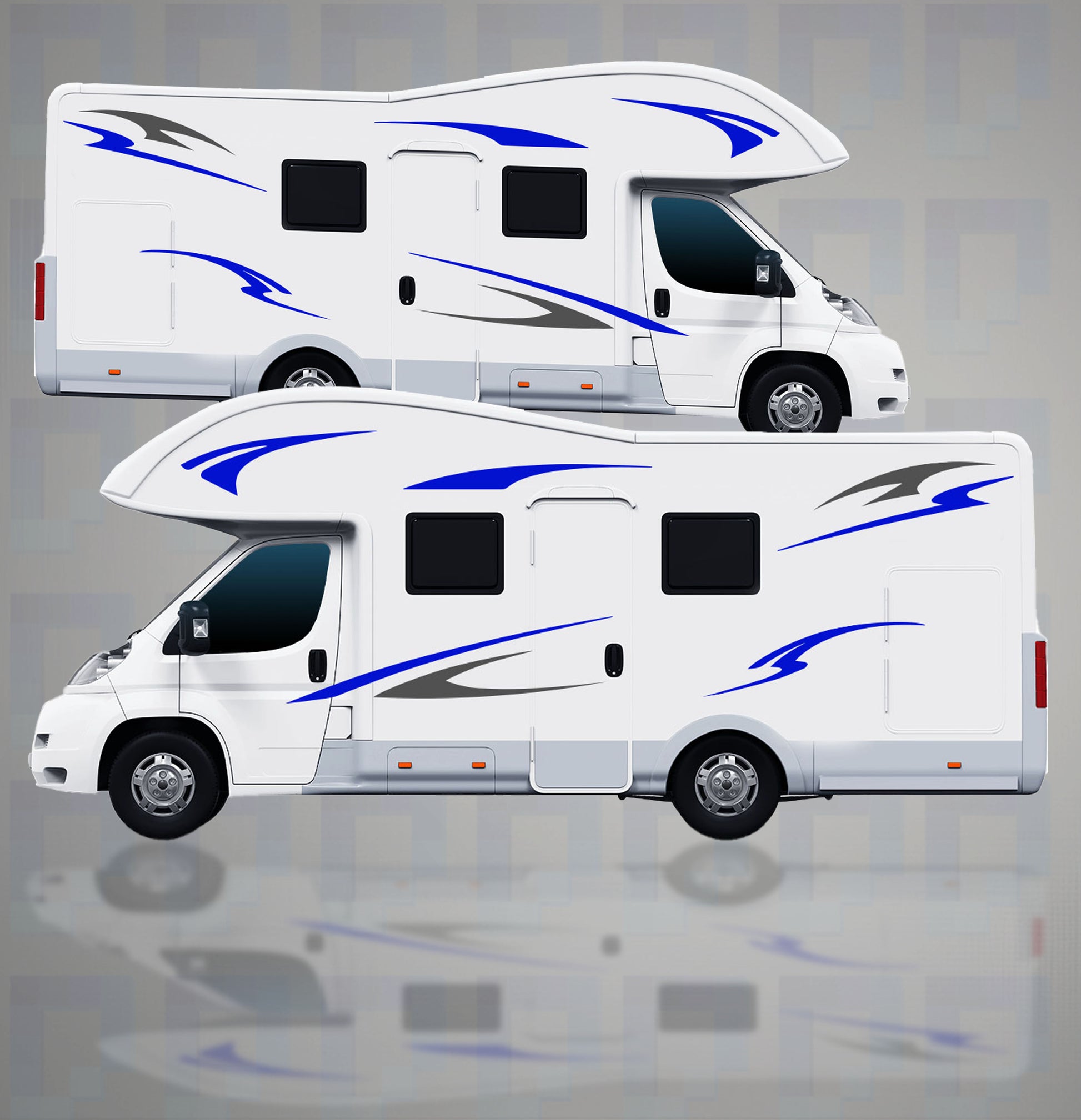 Motorhome with full 12-piece vinyl graphics kit on both sides