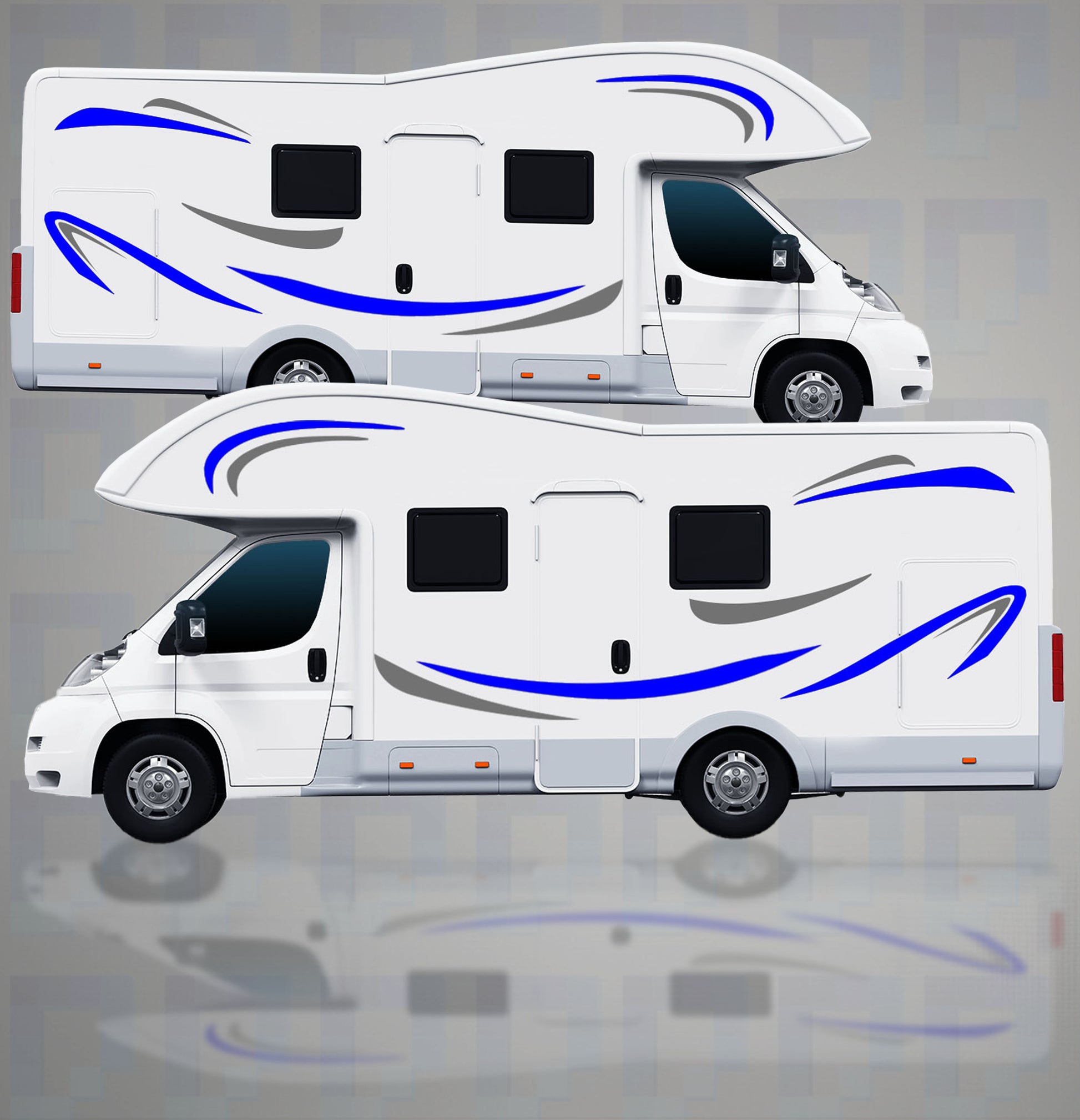 Conventional motorhome with full 10-piece stripe vinyl graphics on both sides
