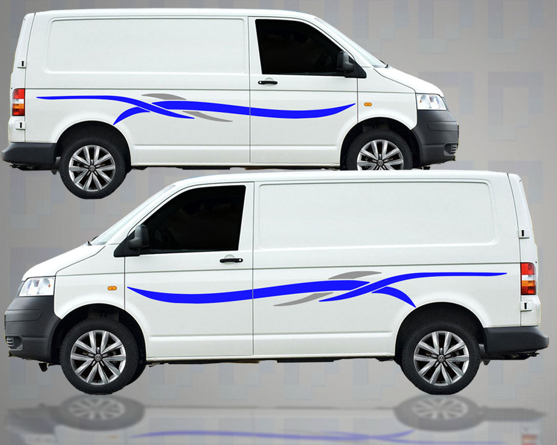 Blue and grey flowing side stripe vinyl decals fitted to campervan showing bold modern sweeping graphic design