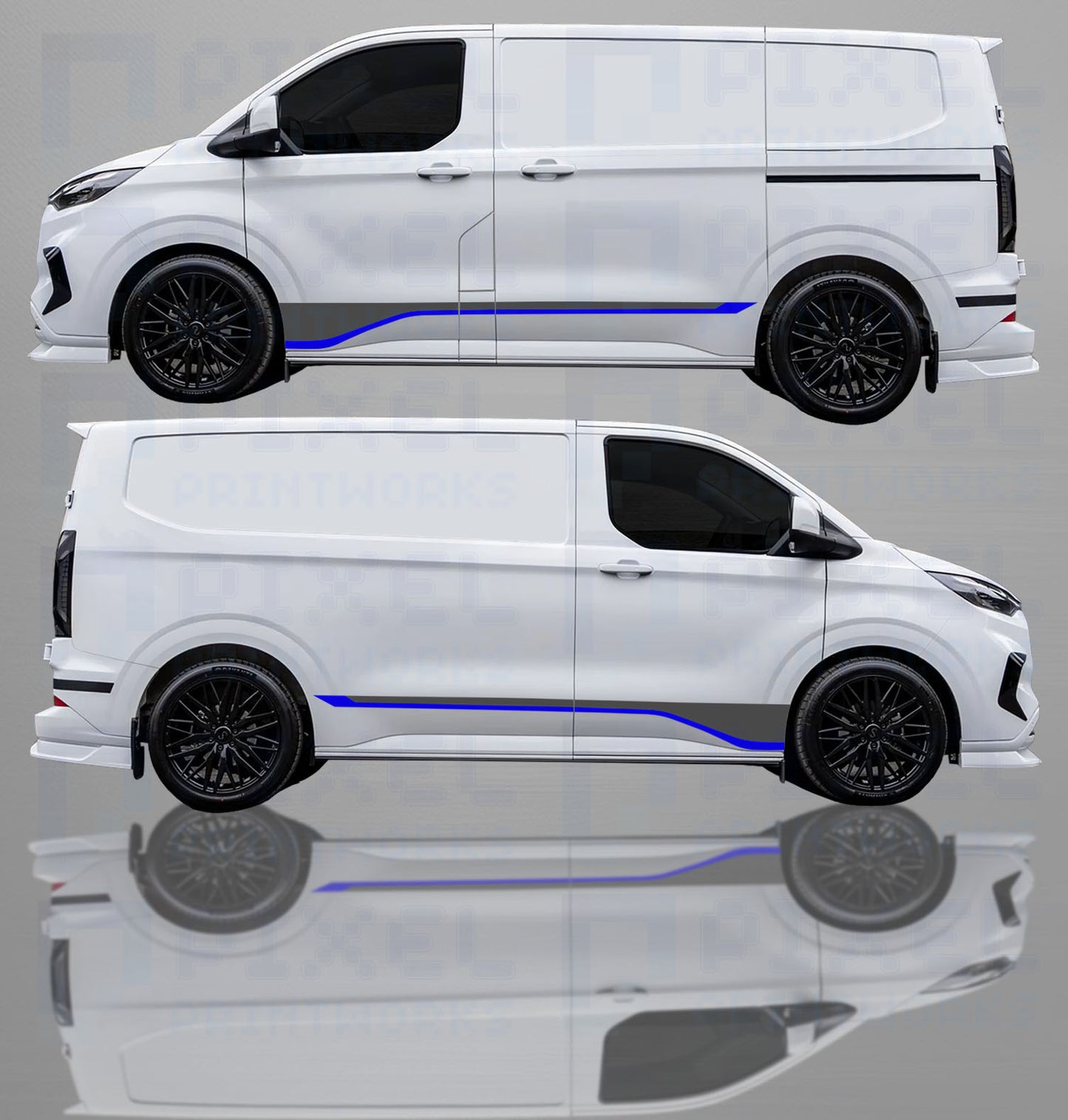 Ford Transit Custom 2023–2025 Lower Side Stripe Decal Kit – LWB & SWB Vinyl Van Graphics | Pixel Printworks