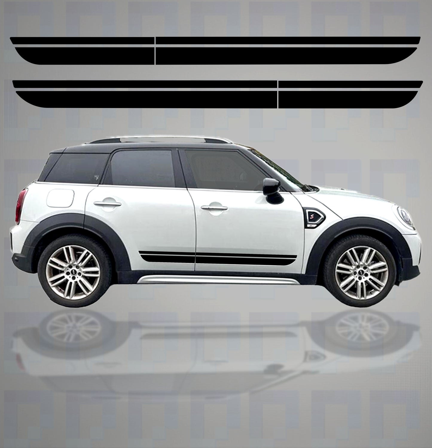 Mini Countryman with classic twin-line side stripe vinyl decals – OEM-inspired design by Pixel Printworks