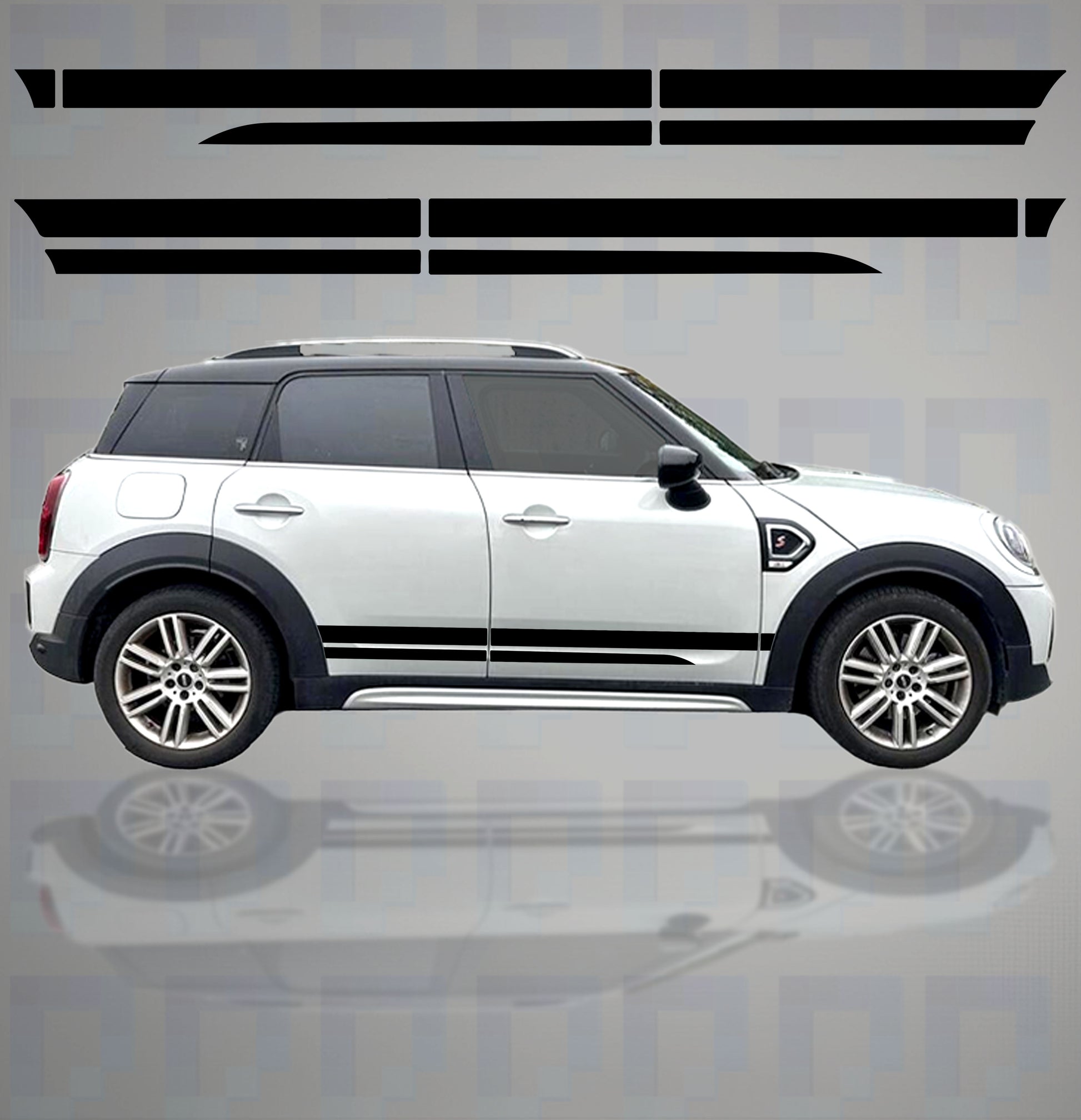 Mini Countryman with quad line side stripe vinyl decals – sleek performance look by Pixel Printworks