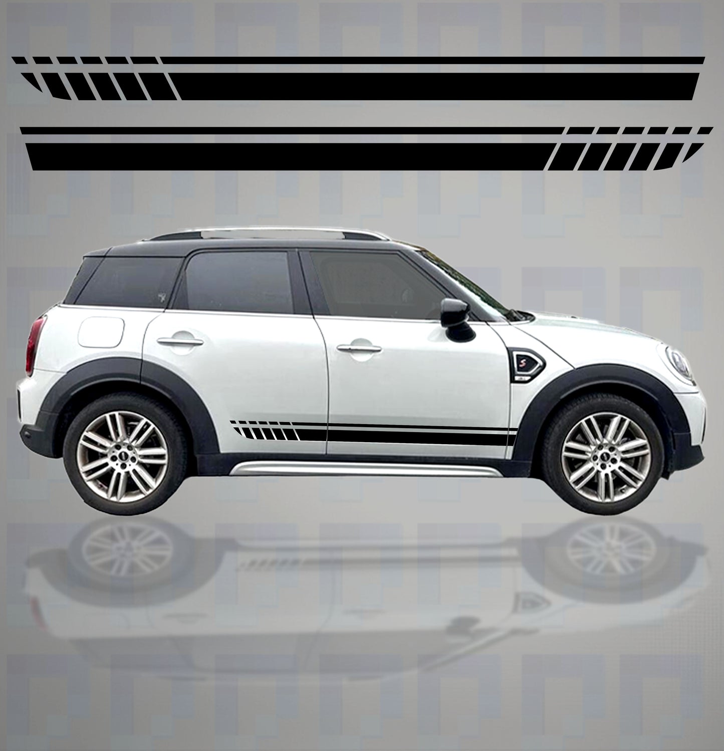 Mini Countryman with stuttered side stripe vinyl decals – slashed racing design by Pixel Printworks