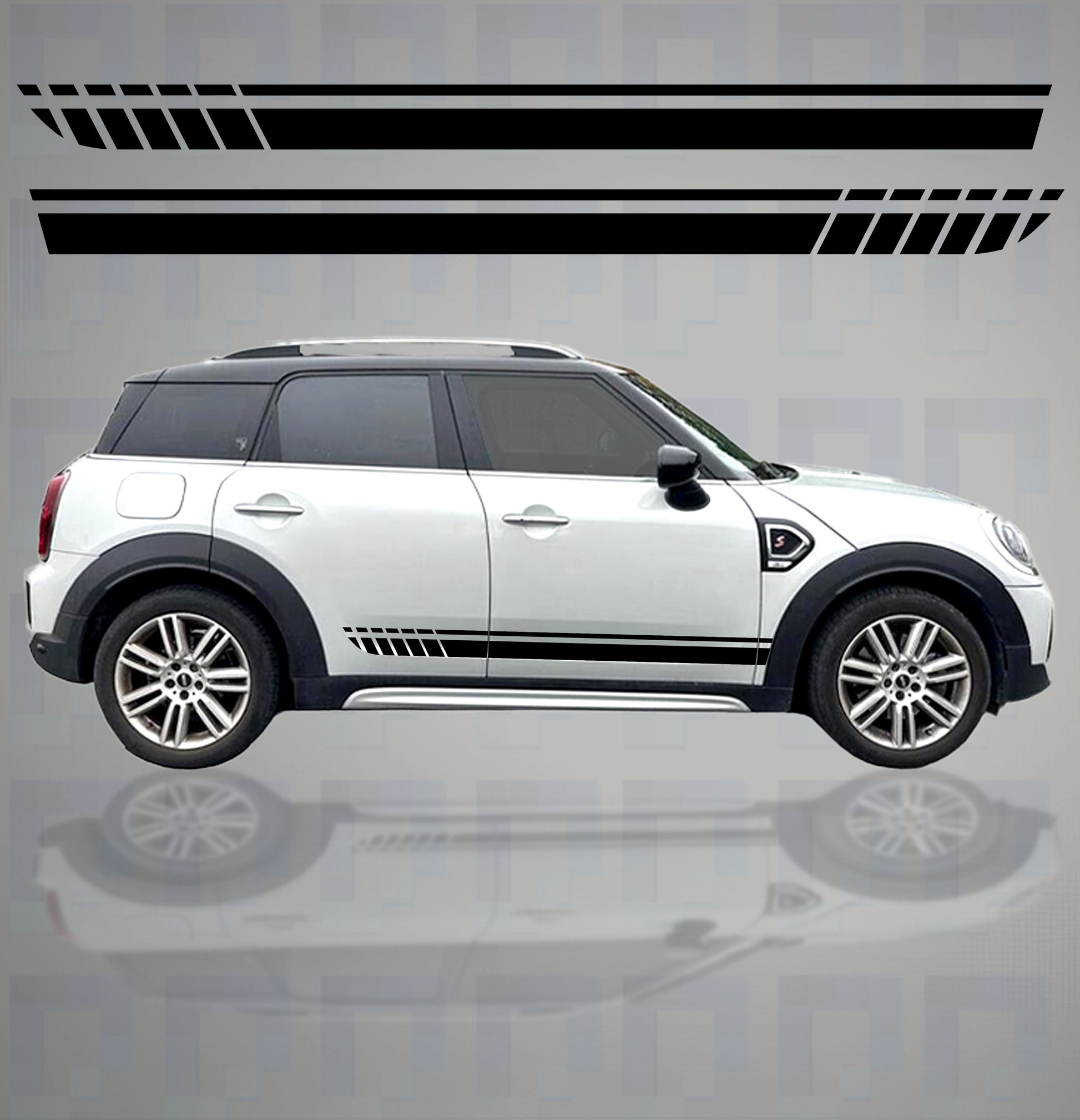 Mini Countryman with stuttered side stripe vinyl decals – slashed racing design by Pixel Printworks