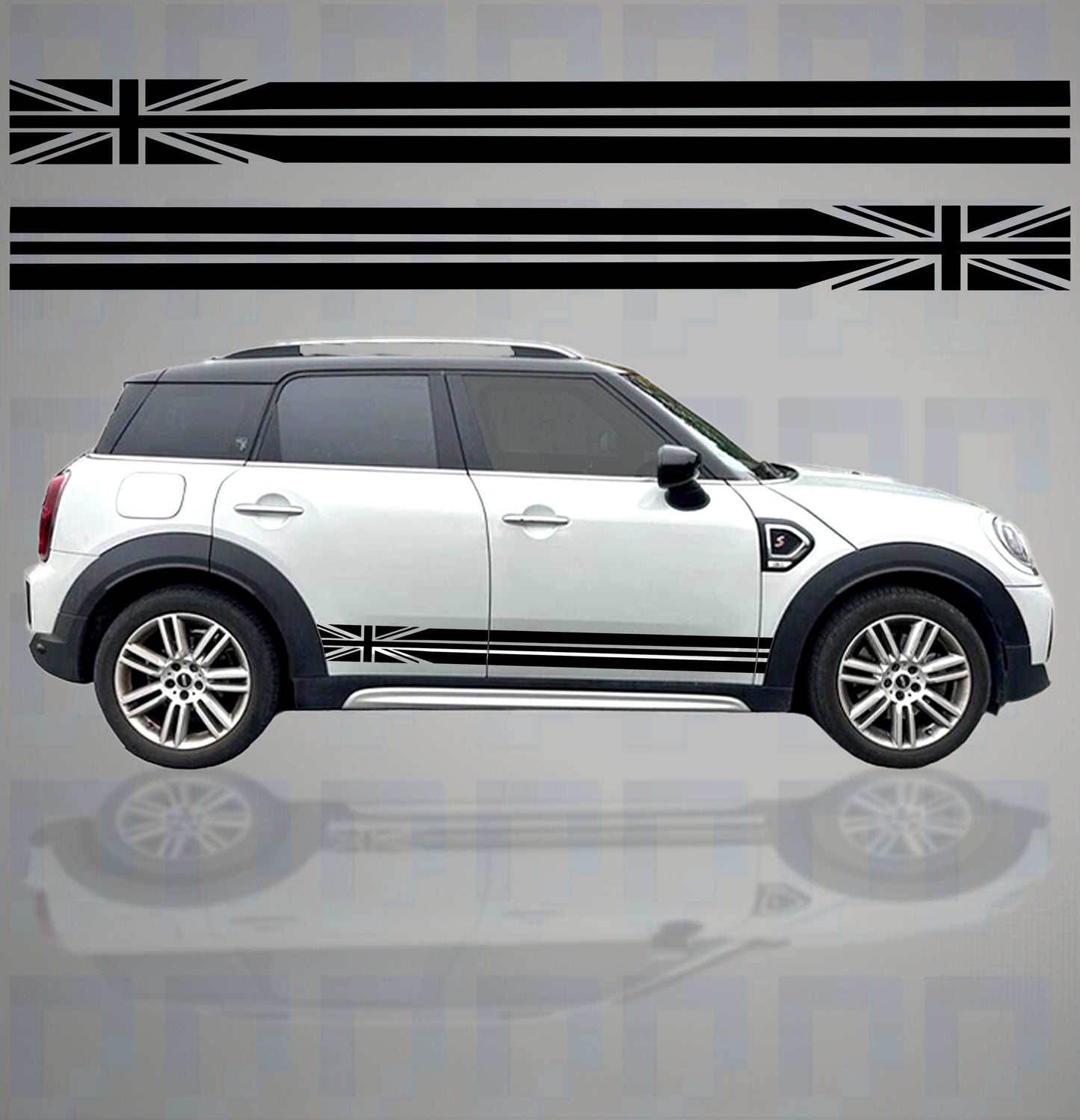 Mini Countryman with Union Jack side stripe vinyl decal kit applied – Pixel Printworks design
