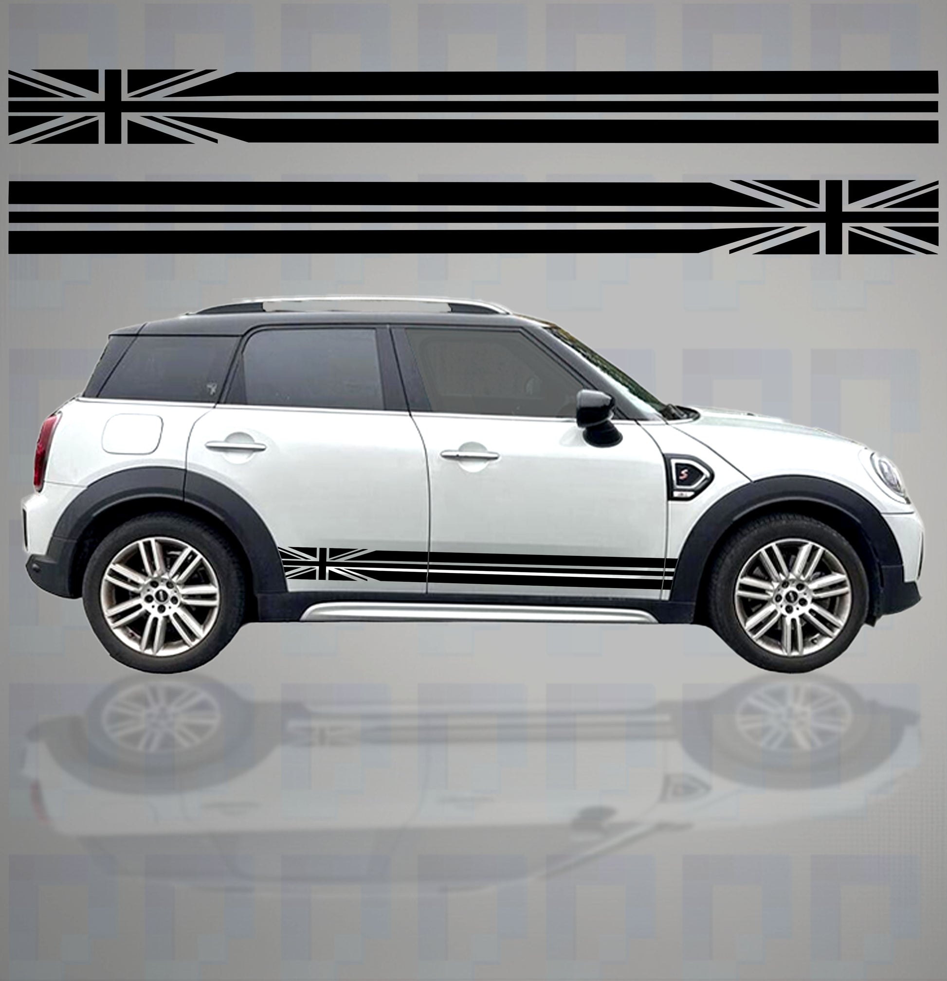 Mini Countryman with Union Jack side stripe vinyl decal kit applied – Pixel Printworks design