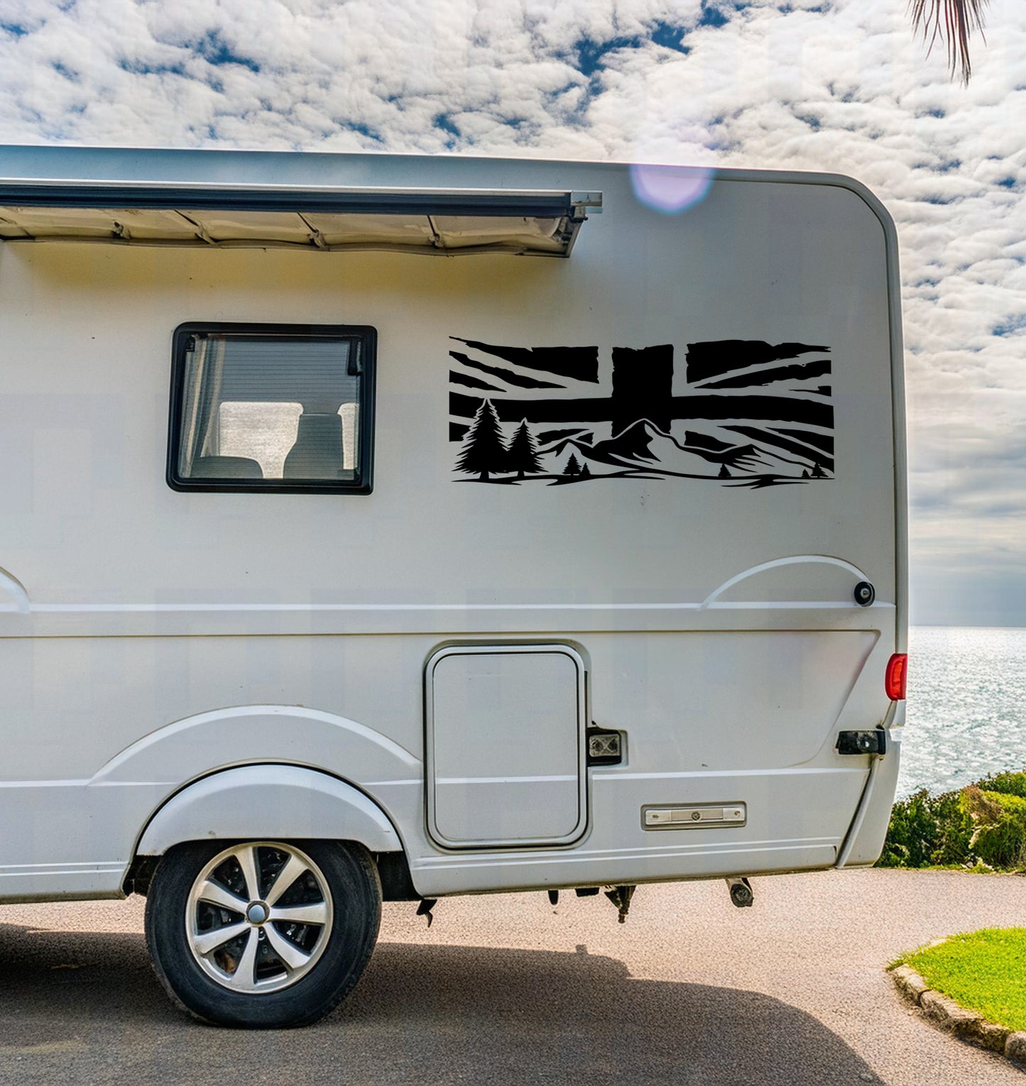 Union Jack Mountains Vinyl Decal – Rear Door Sticker for Vans & Campers