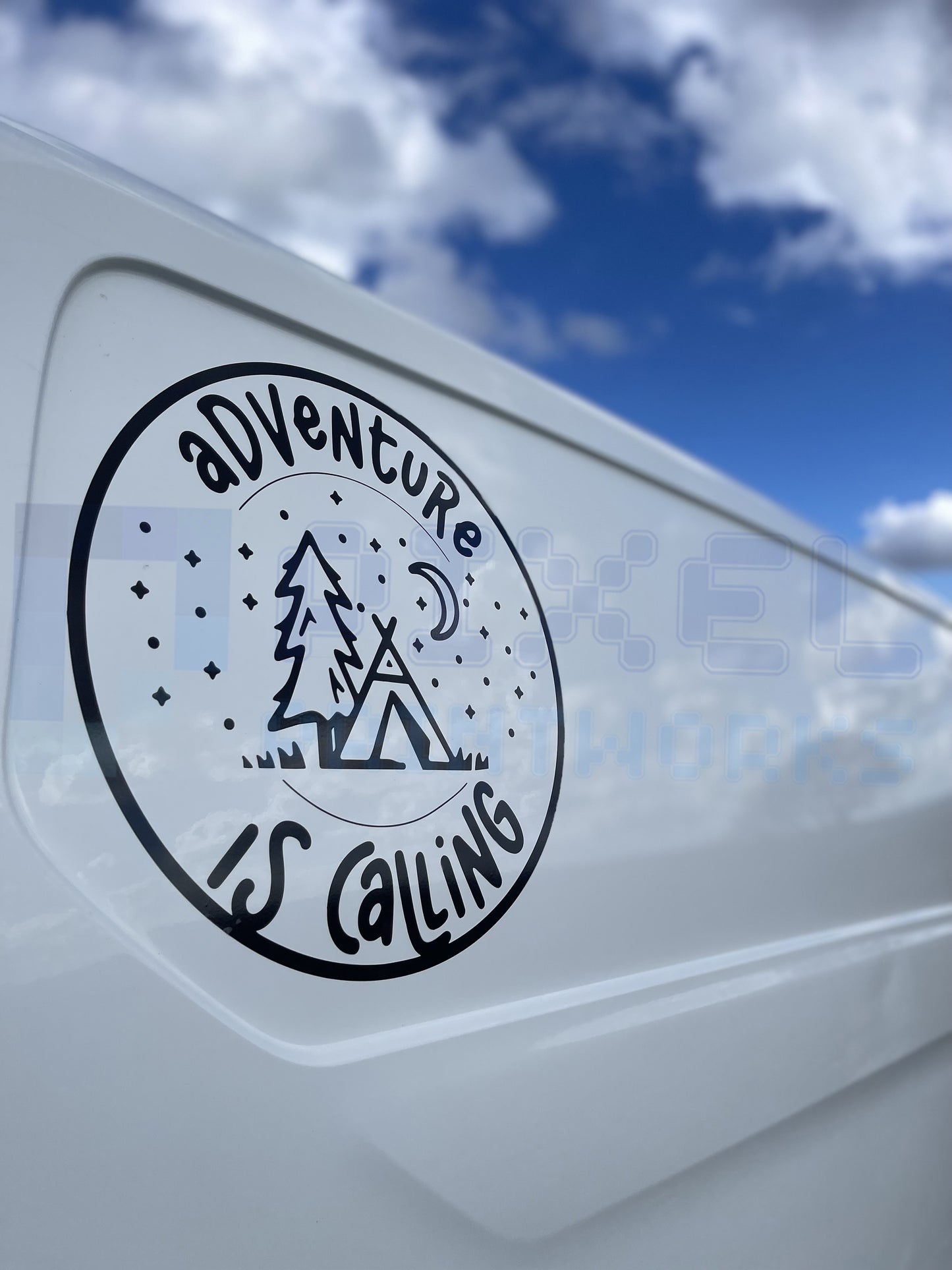 Adventure Is Calling camping scene decal on white campervan by Pixel Printworks
