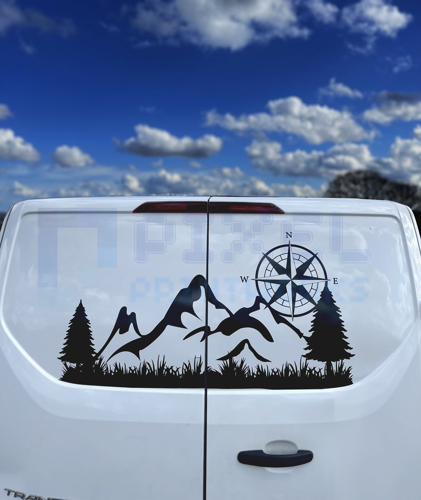 Rear Window Campervan Decal – Mountain, Trees & Compass Vinyl Graphic by Pixel Printworks
