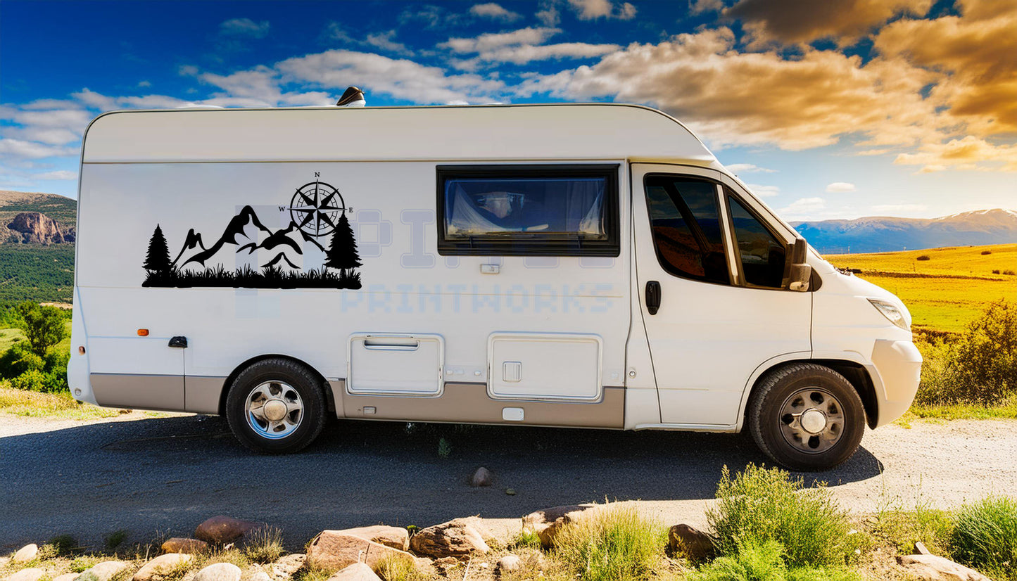 Rear Window Campervan Decal – Mountain, Trees & Compass Vinyl Graphic by Pixel Printworks