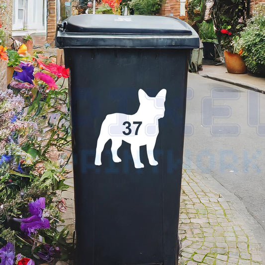 Personalised French Bulldog wheelie bin sticker showing a Frenchie silhouette with cut-out house number on a bin outside a UK home by Pixel Printworks