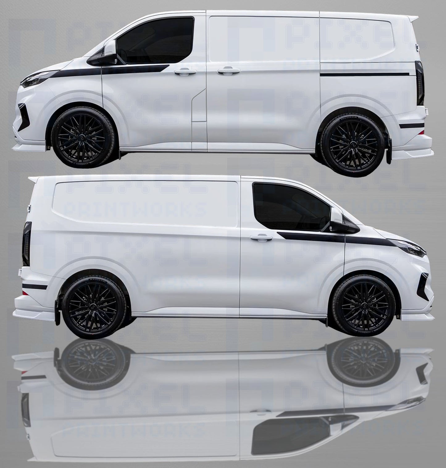 Ford Transit Custom 2023–2025 Front Panel Stripe Decals – Vinyl Graphics Pair for Quarter Panels | Pixel Printworks