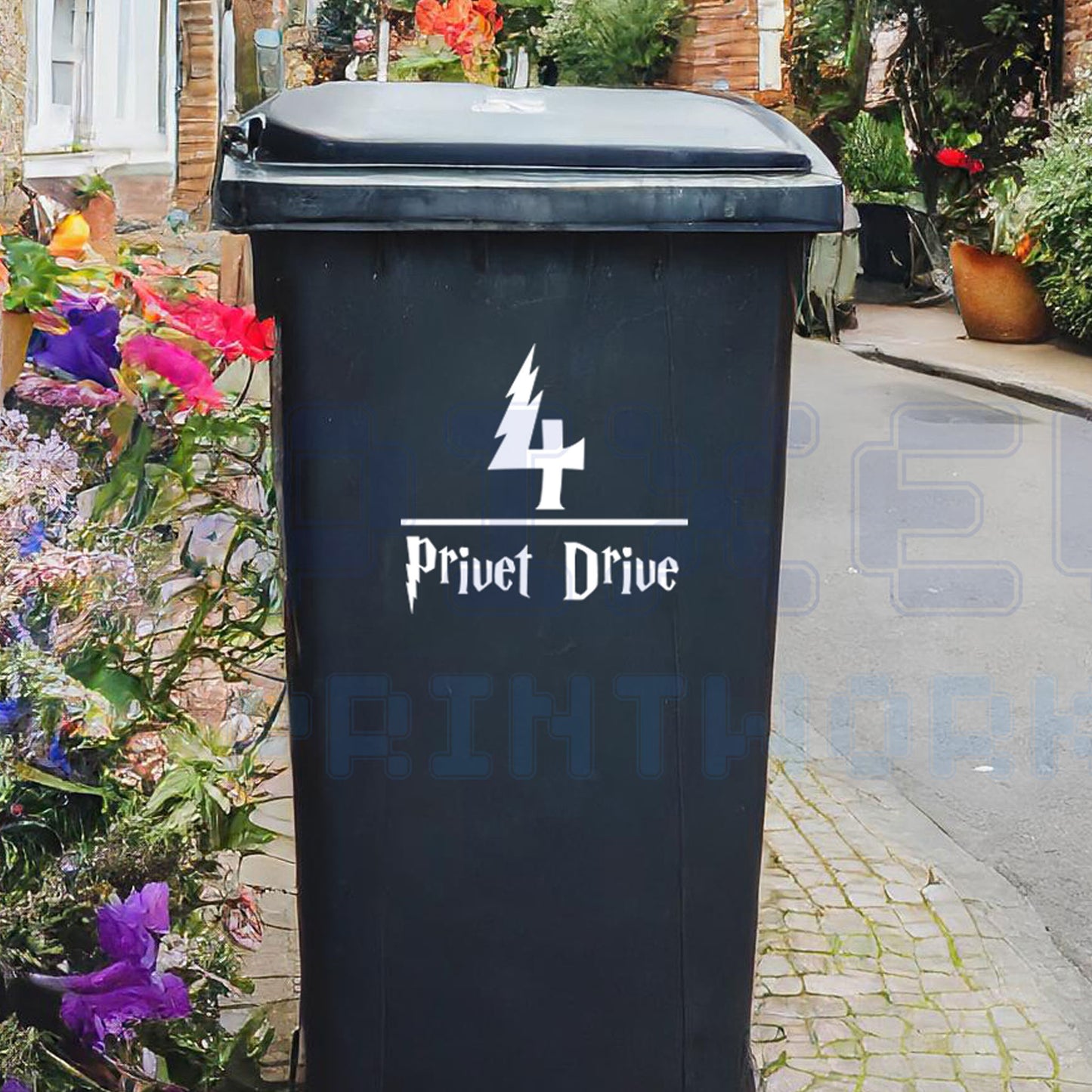 Personalised magical wizard wheelie bin sticker showing house number and street name on a bin in a charming UK residential street with flowers and traditional homes by Pixel Printworks