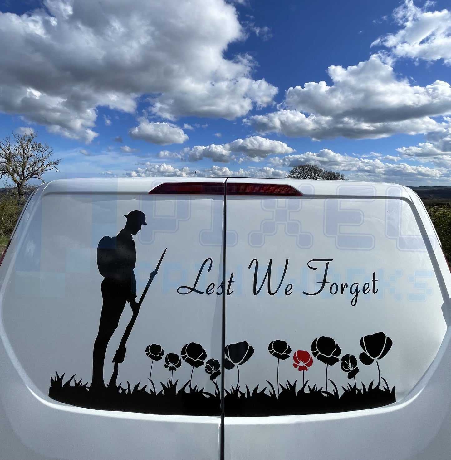 Lest We Forget Poppy Field Vinyl Decal – WW1 Soldier Memorial Sticker for Vans & Campers
