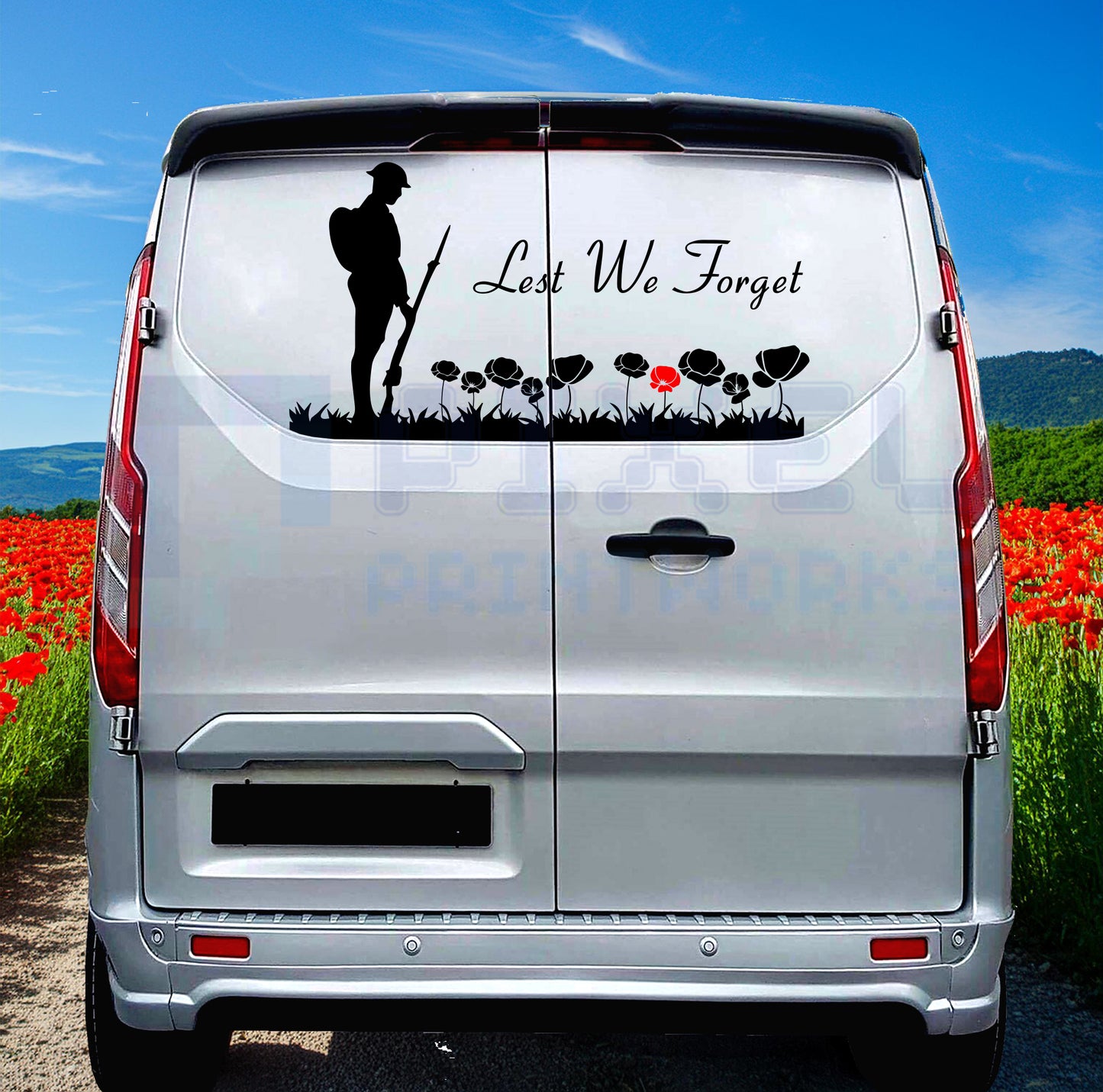Lest We Forget Poppy Field Vinyl Decal – WW1 Soldier Memorial Sticker for Vans & Campers