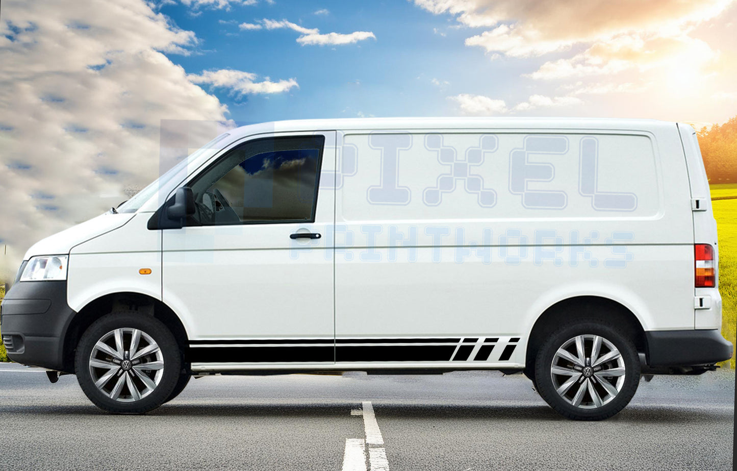 Large Stuttered Side Stripe Vinyl Decals for VW Transporter T4, T5 & T6 (1990–2023) – Pair by Pixel Printworks