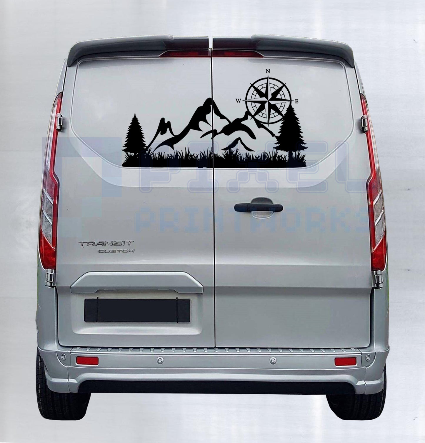 Rear Window Campervan Decal – Mountain, Trees & Compass Vinyl Graphic by Pixel Printworks