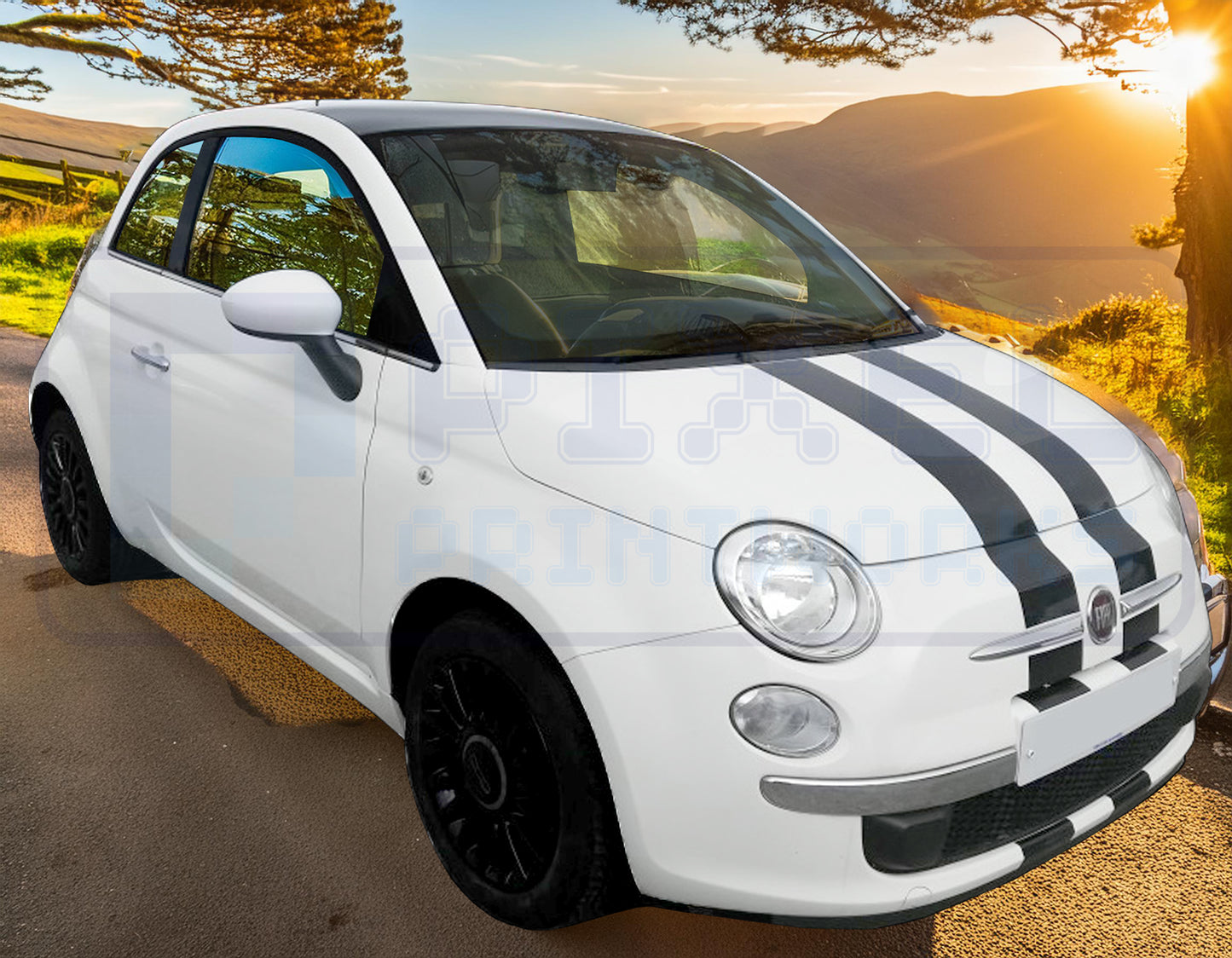 Fiat 500 Full Racing Stripe Kit – Bonnet, Roof & Boot Vinyl Decals | Pixel Printworks