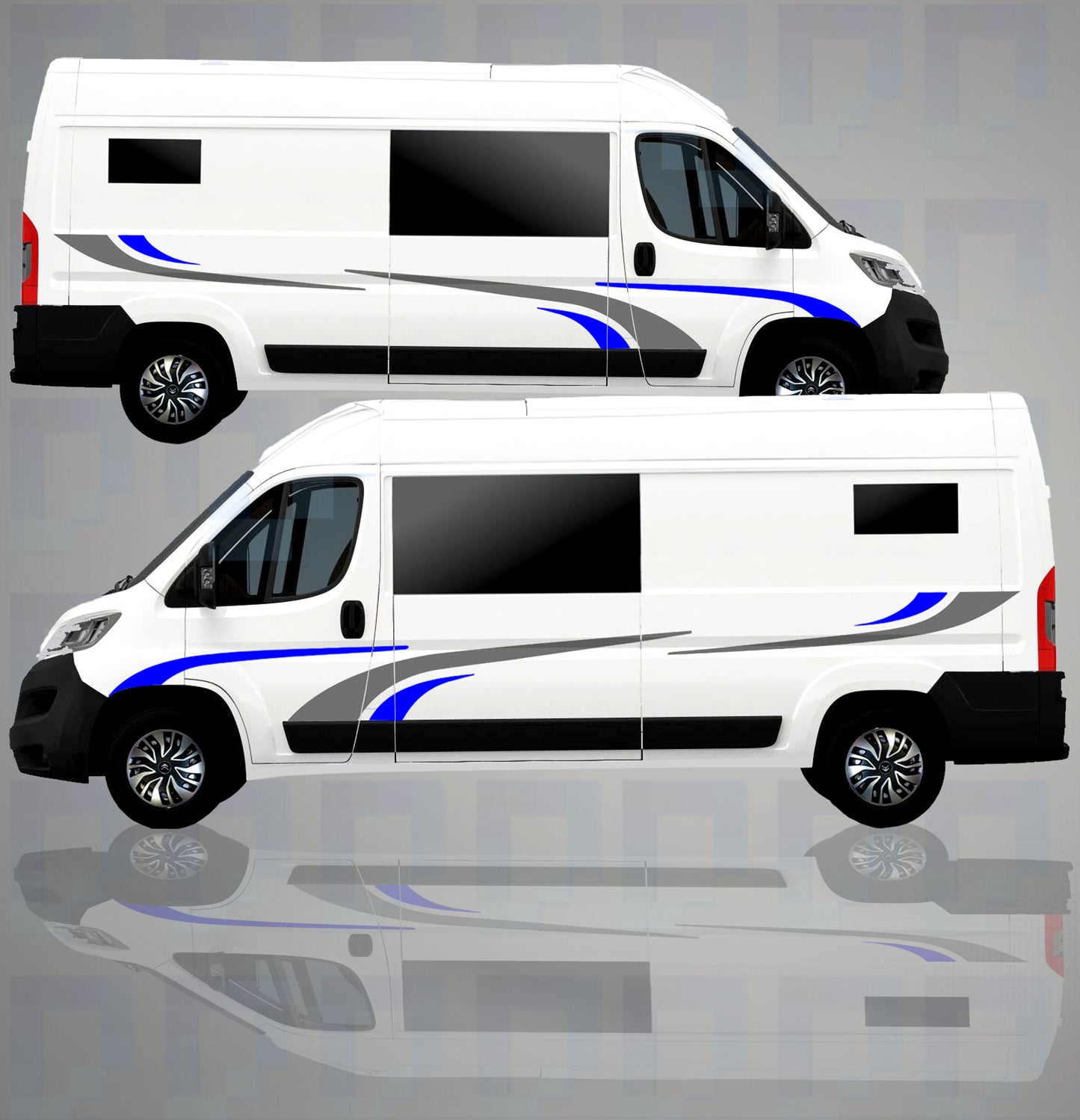 LWB camper van with blue and grey swoosh-style vinyl decal kit applied on both sides