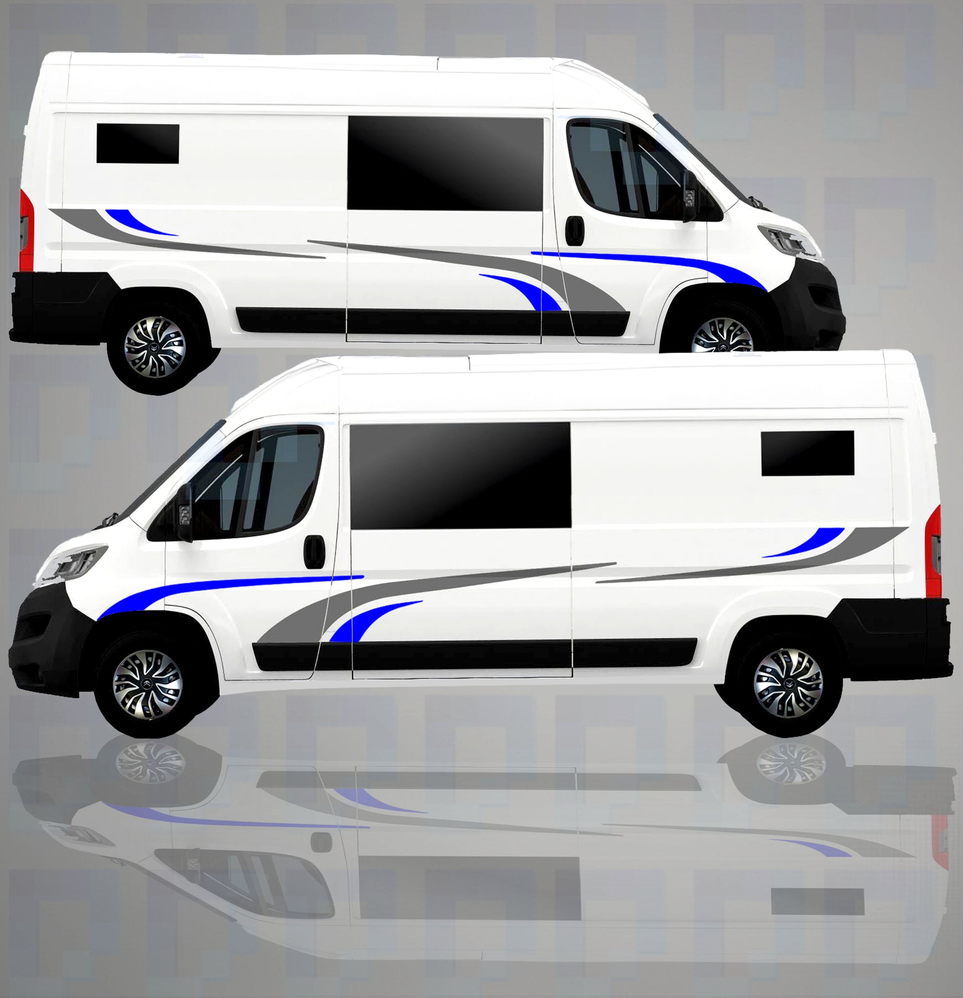 LWB camper van with blue and grey swoosh-style vinyl decal kit applied on both sides
