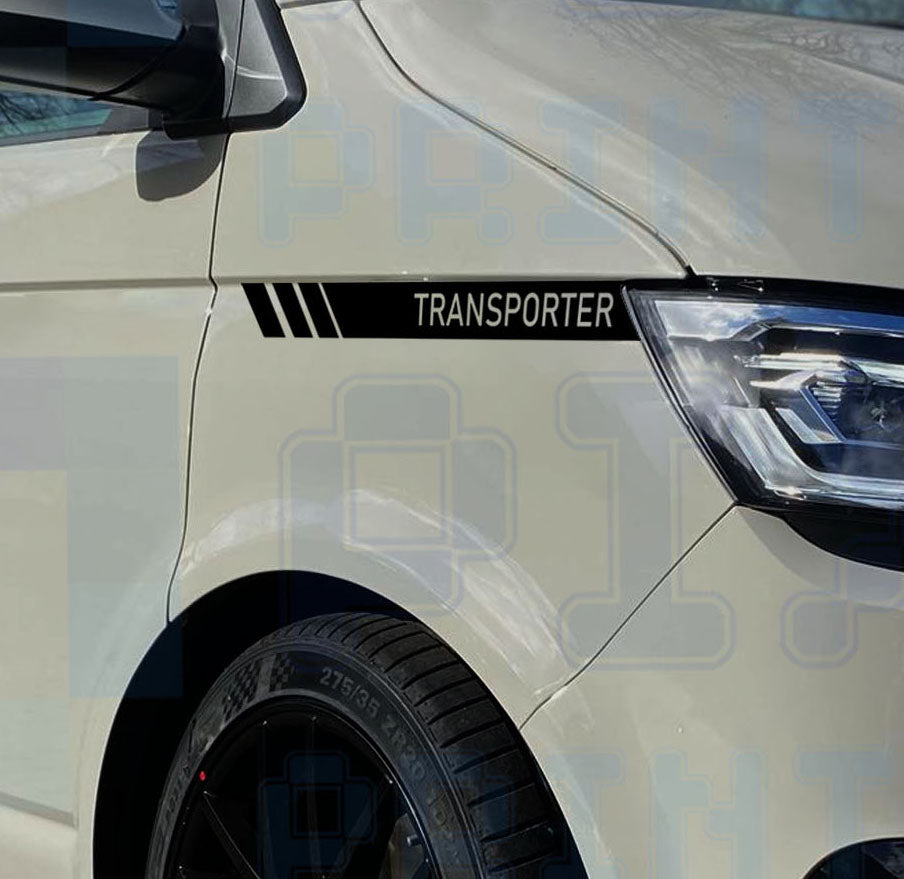 VW Transporter T5 T6 front wing stripe decals with bold angled lines and TRANSPORTER text positioned above wheel arch for sporty styling